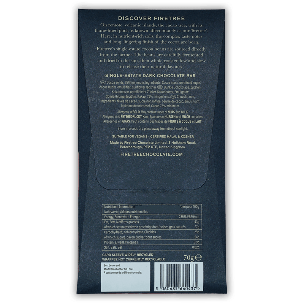 Firetree Solomon Makira Island 75% dark chocolate bar back wrapper