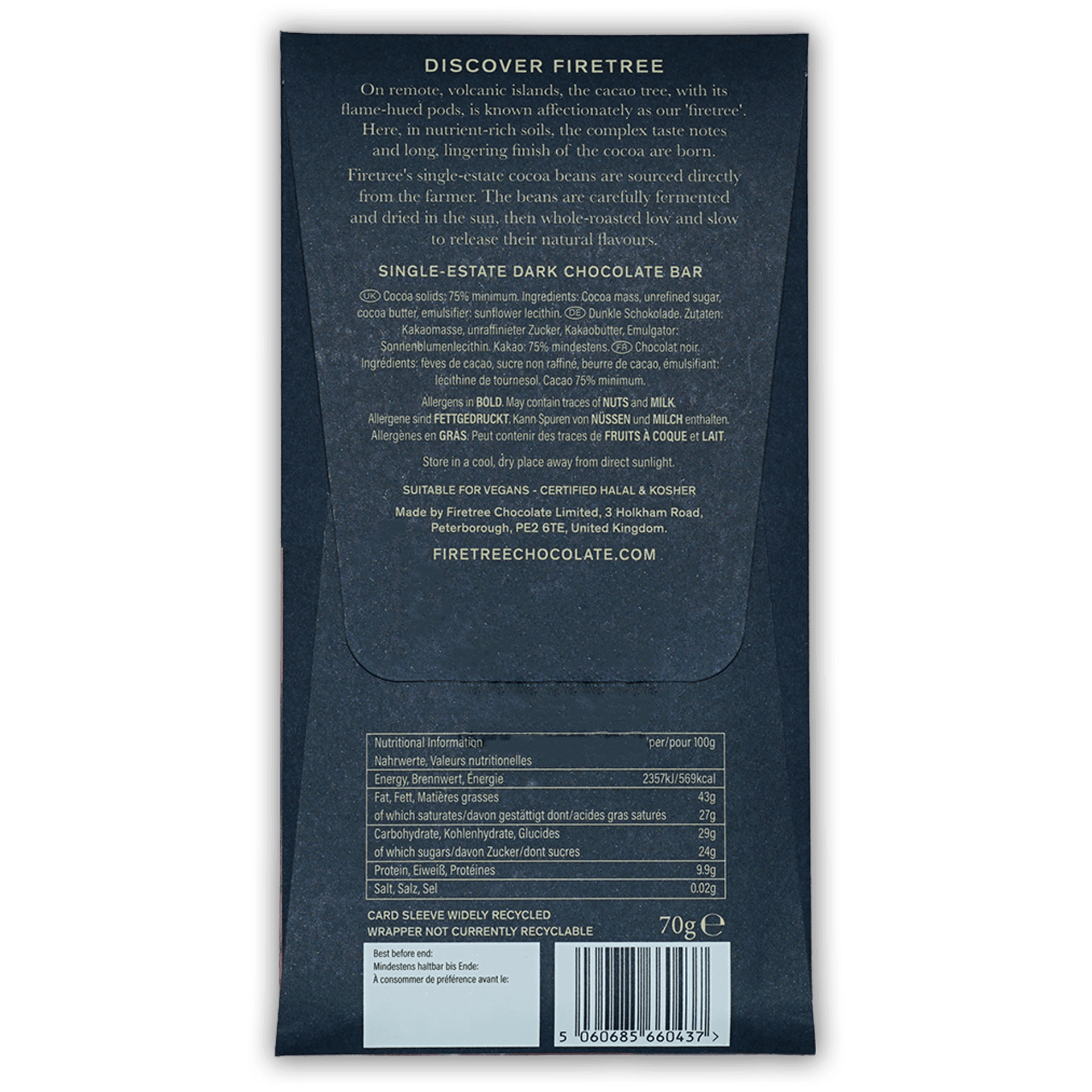 Firetree Solomon Makira Island 75% dark chocolate bar back wrapper
