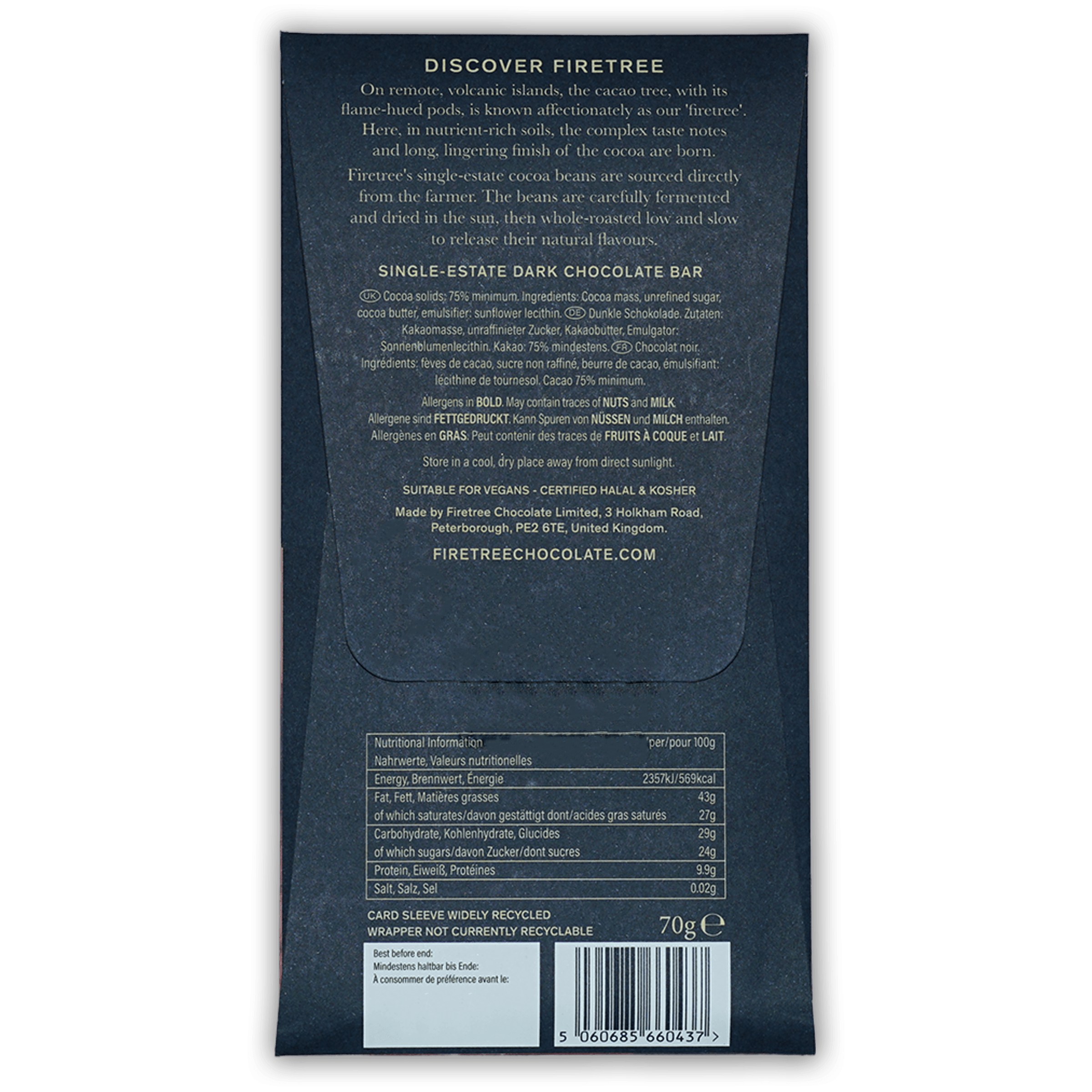 Firetree Solomon Makira Island 75% dark chocolate bar back wrapper