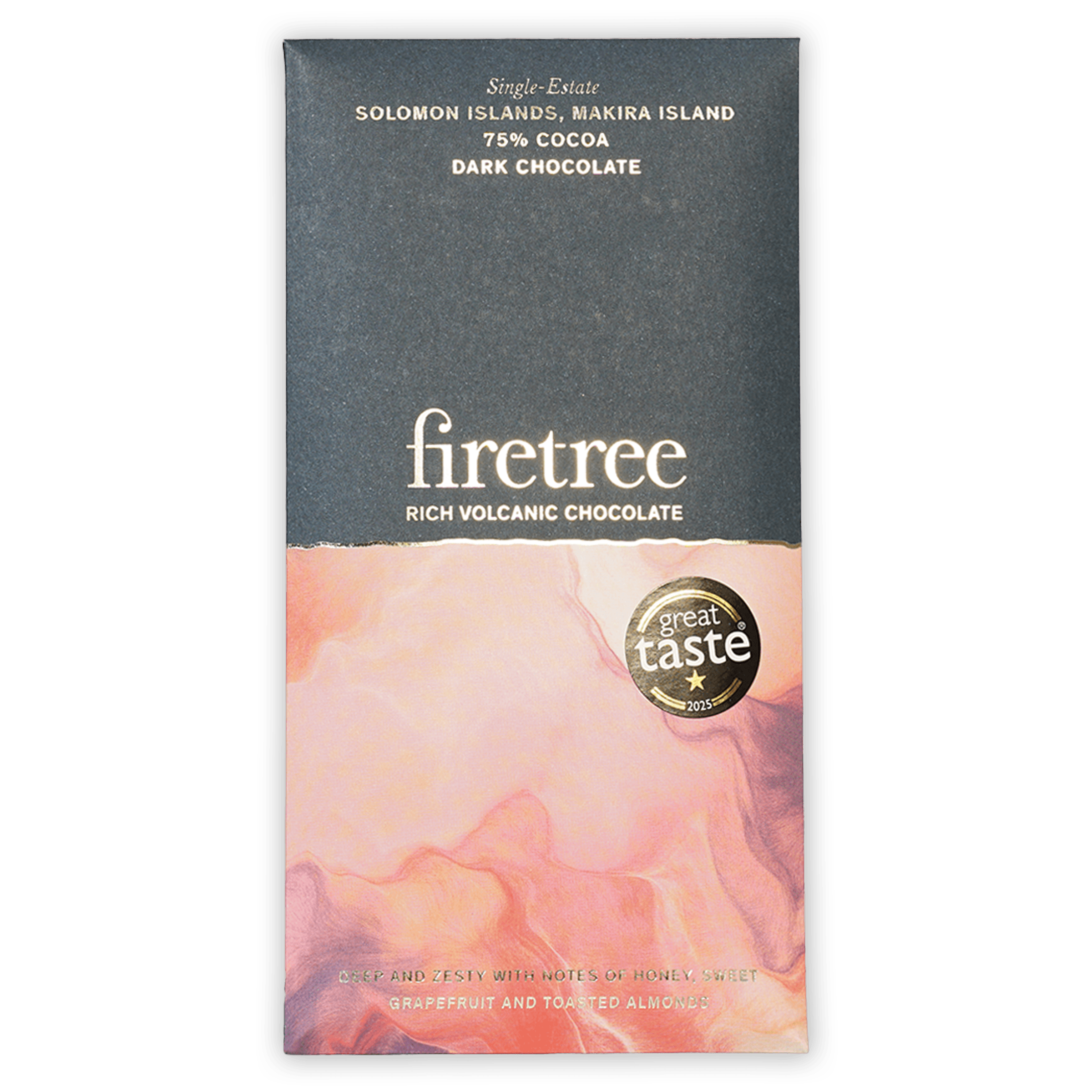 Firetree Solomon Makira Island 75% dark chocolate bar with pink marbled wrapper