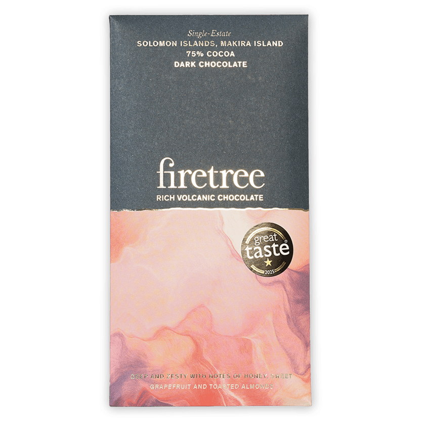 Firetree Solomon Makira Island 75% dark chocolate bar with pink marbled wrapper