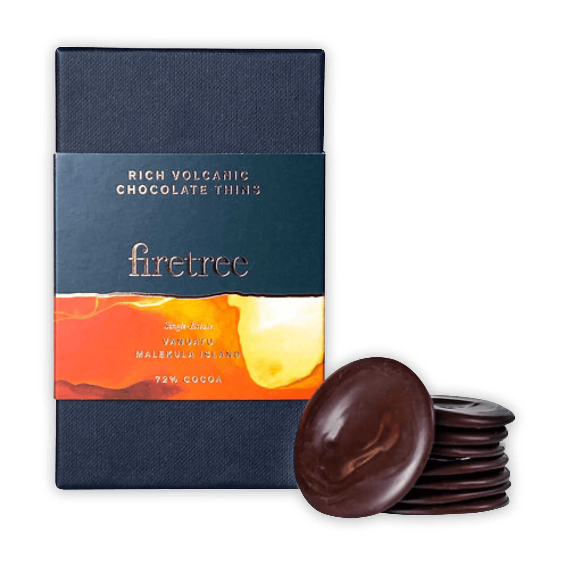 Firetree Thins Dark Vanuatu 72% rich volcanic chocolate discs in navy box