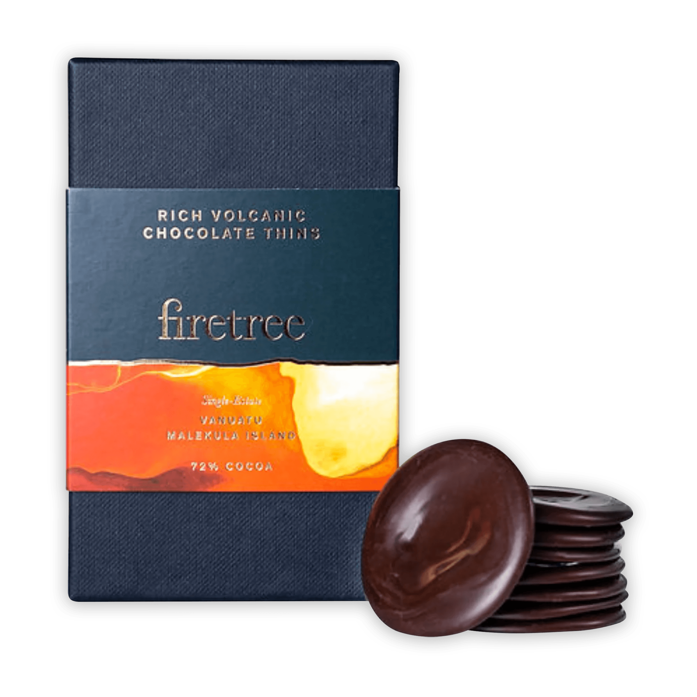 Firetree Thins Dark Vanuatu 72% rich volcanic chocolate discs in navy box