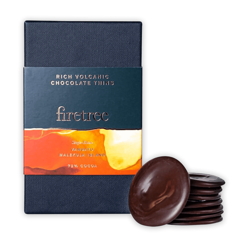 Firetree Thins Dark Vanuatu 72% rich volcanic chocolate discs in navy box