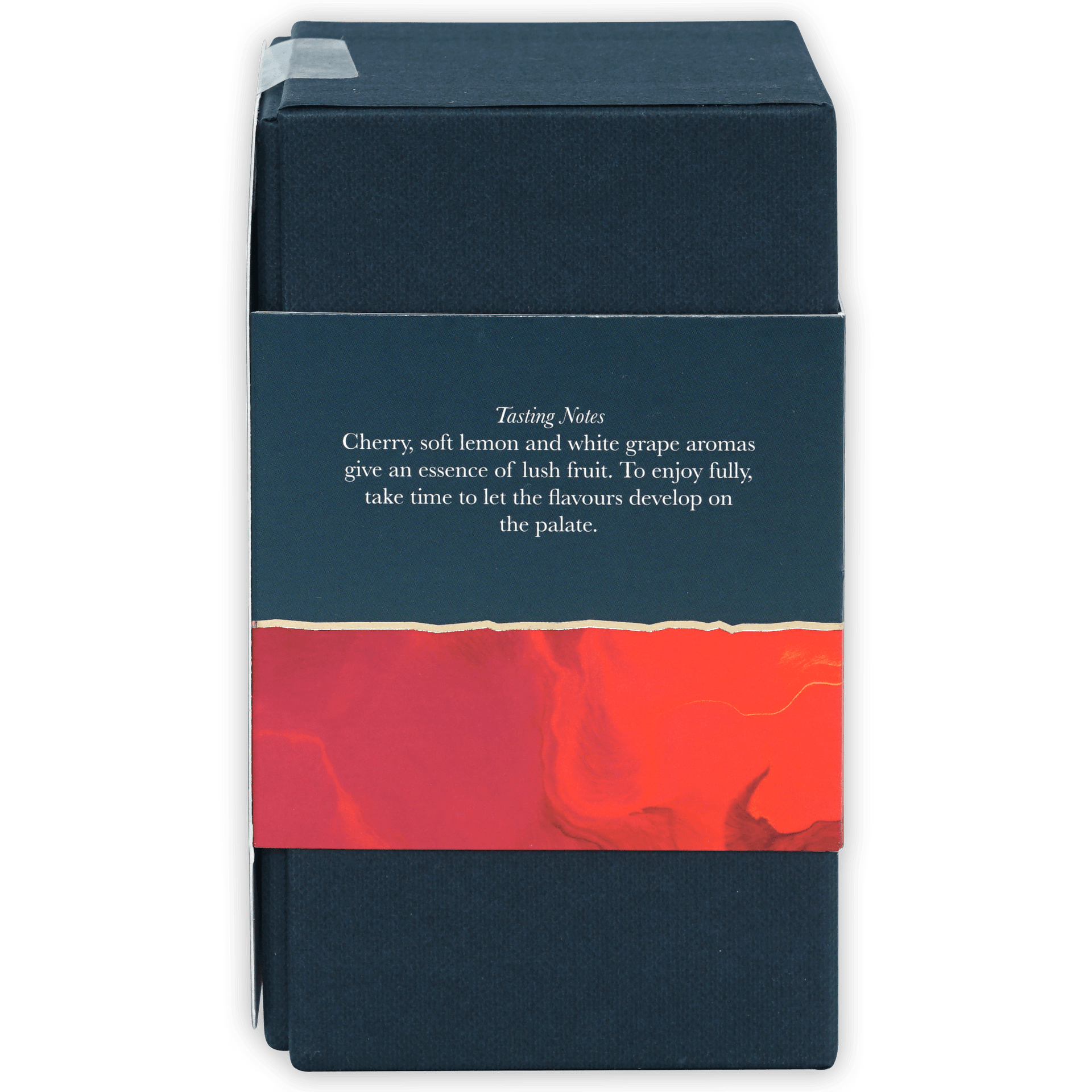 Back of Firetree Thins Dark Vanuatu 72% box: dark blue with red marbled band, white tasting notes