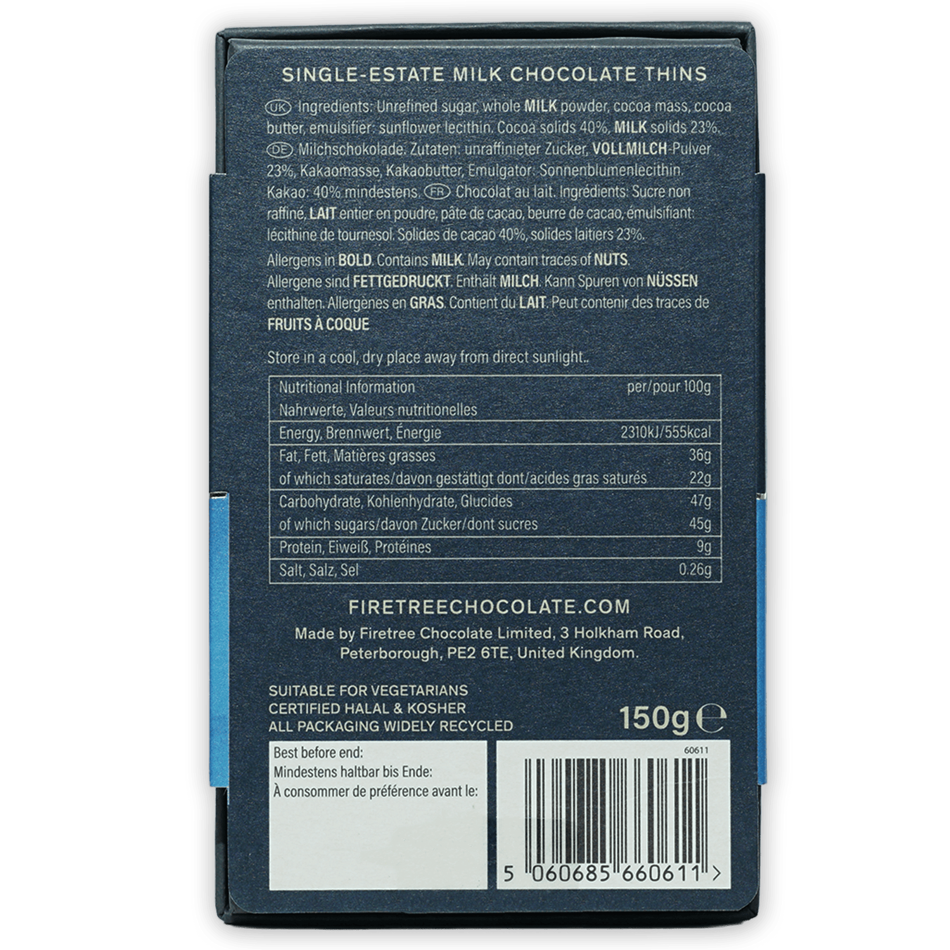 Firetree Thins Milk Solomon Islands 40% dark blue box with barcode