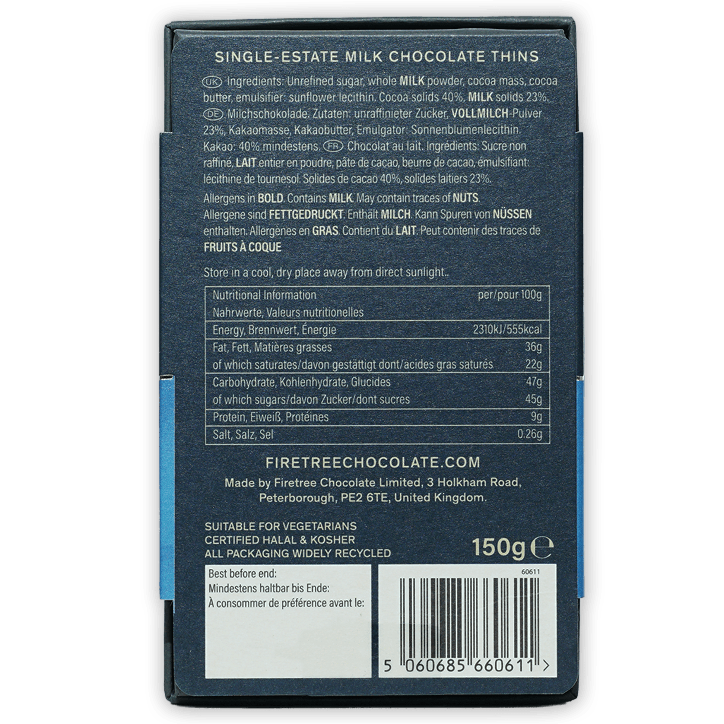 Firetree Thins Milk Solomon Islands 40% dark blue box with barcode