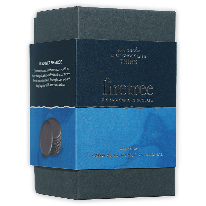 Firetree Thins Milk Solomon Islands 40% cocoa chocolate box in blue and dark gray