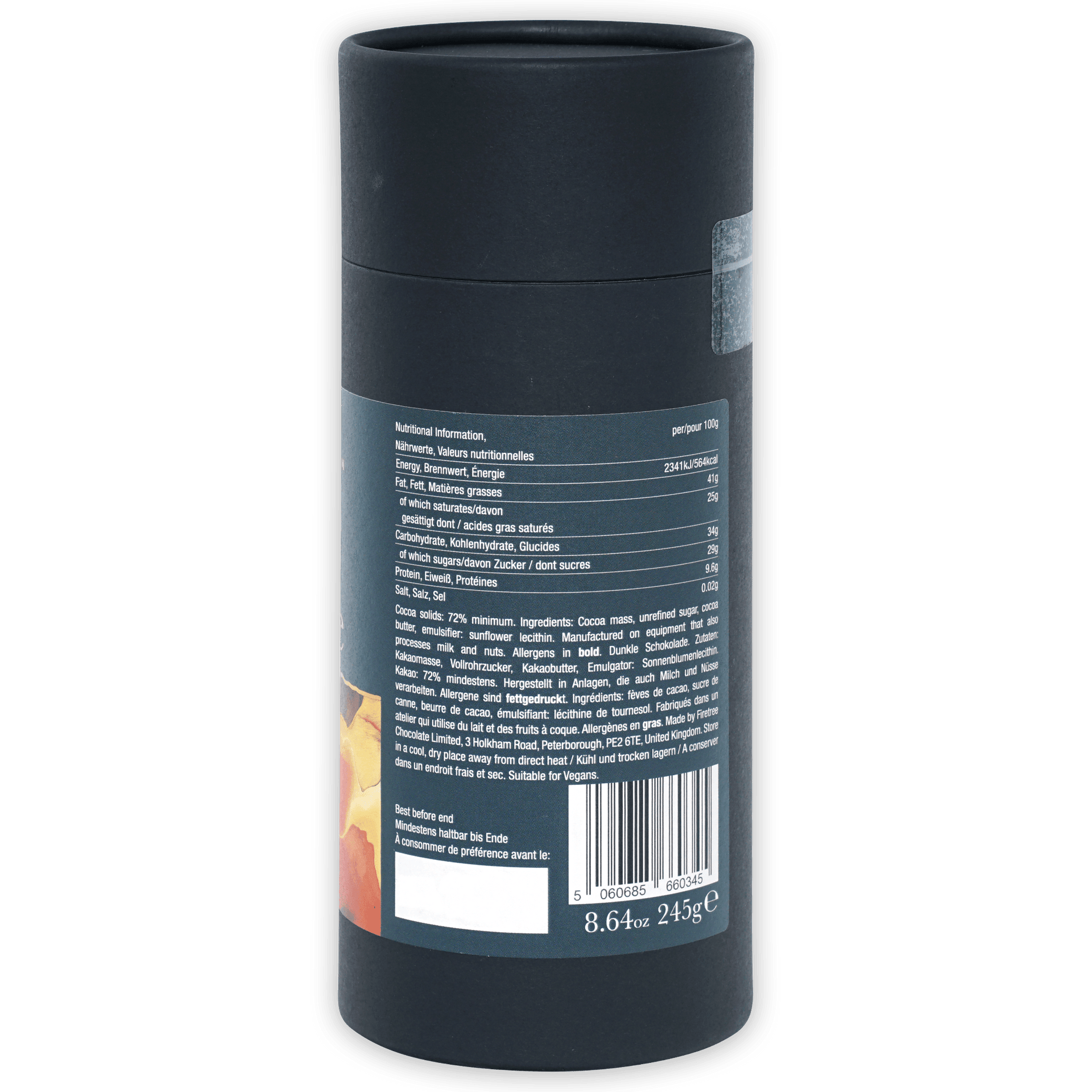Back of Firetree Vanuatu Malekula 72% Drinking Chocolate dark gray matte can