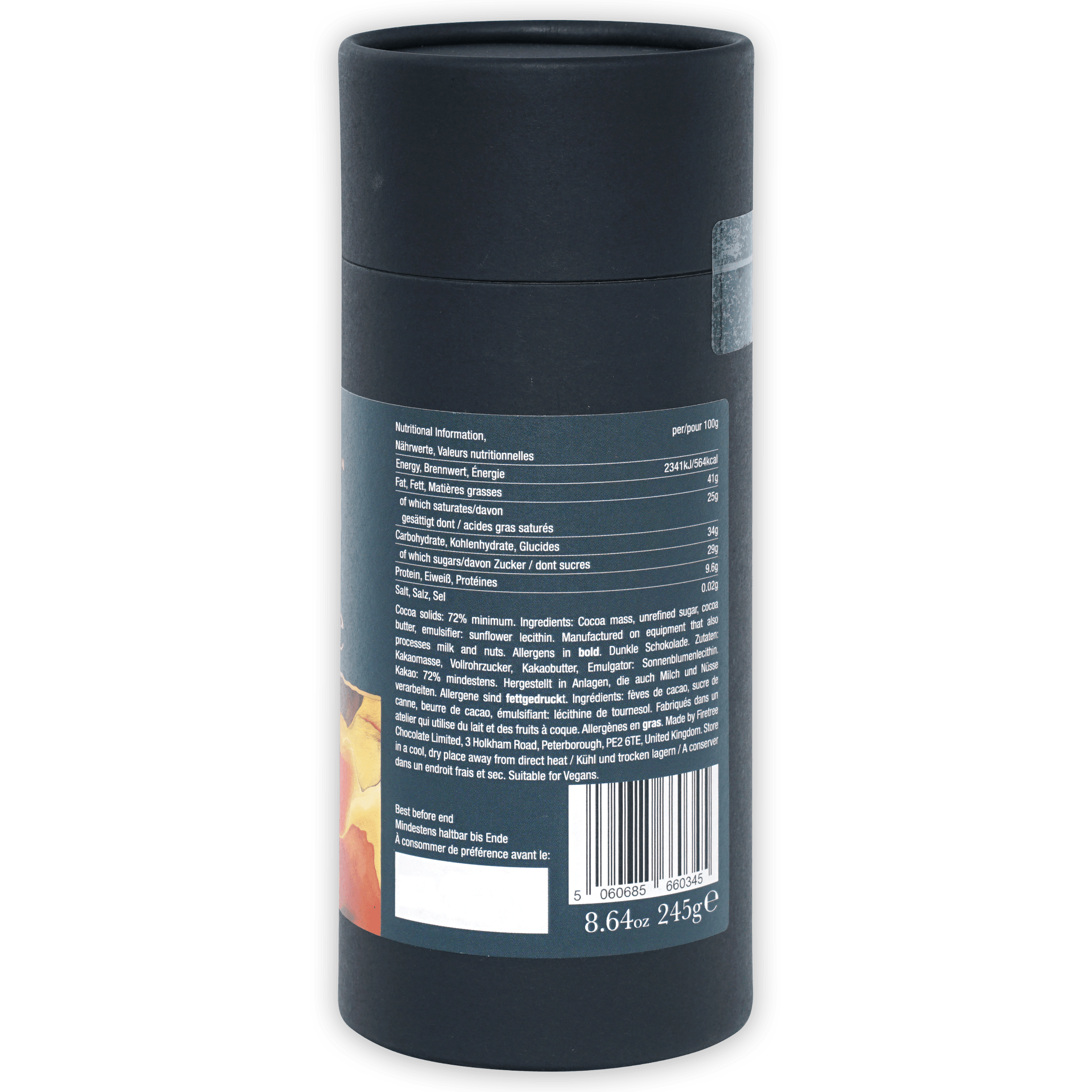 Back of Firetree Vanuatu Malekula 72% Drinking Chocolate dark gray matte can