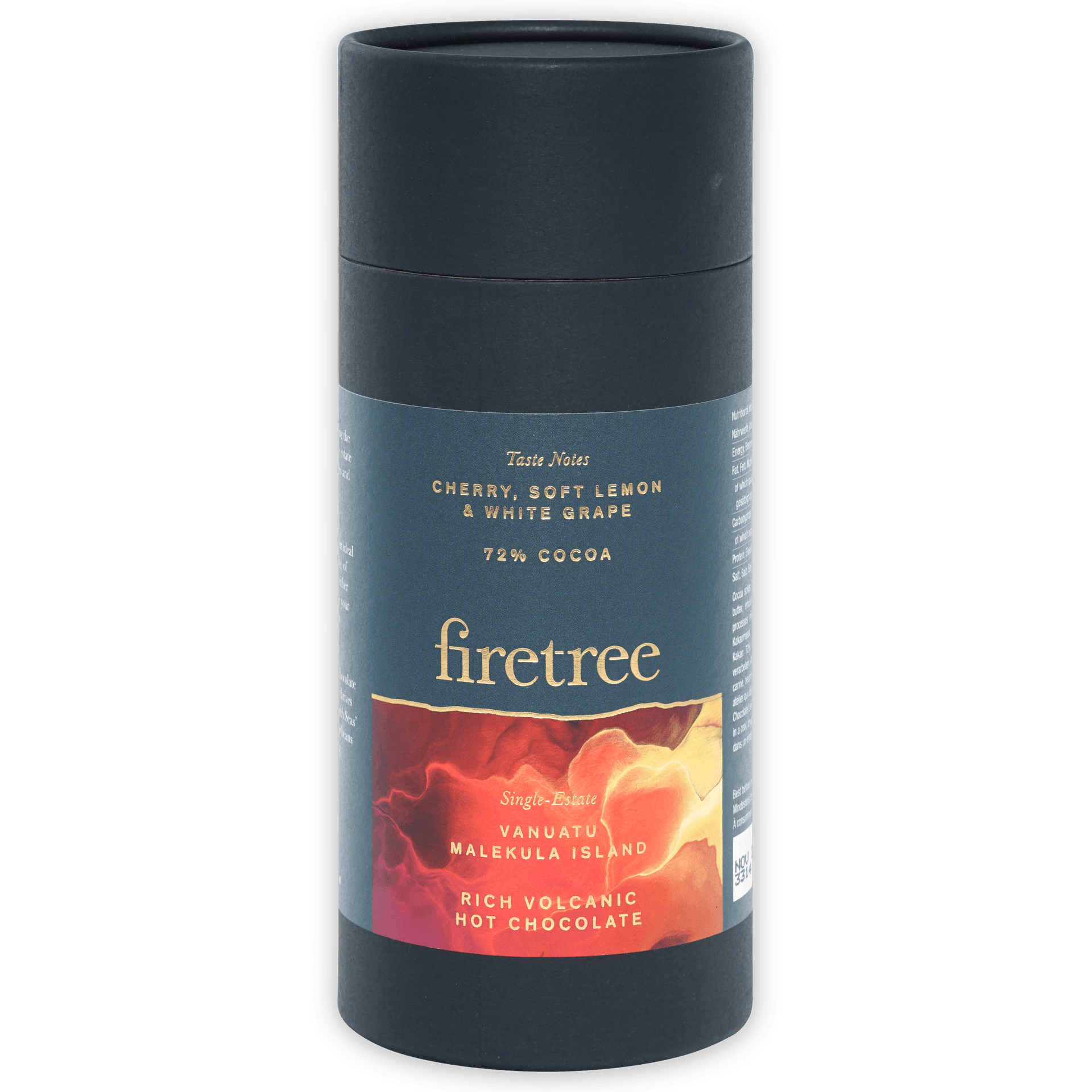 Firetree Vanuatu Malekula 72% dark gray hot chocolate cylinder with teal floral label