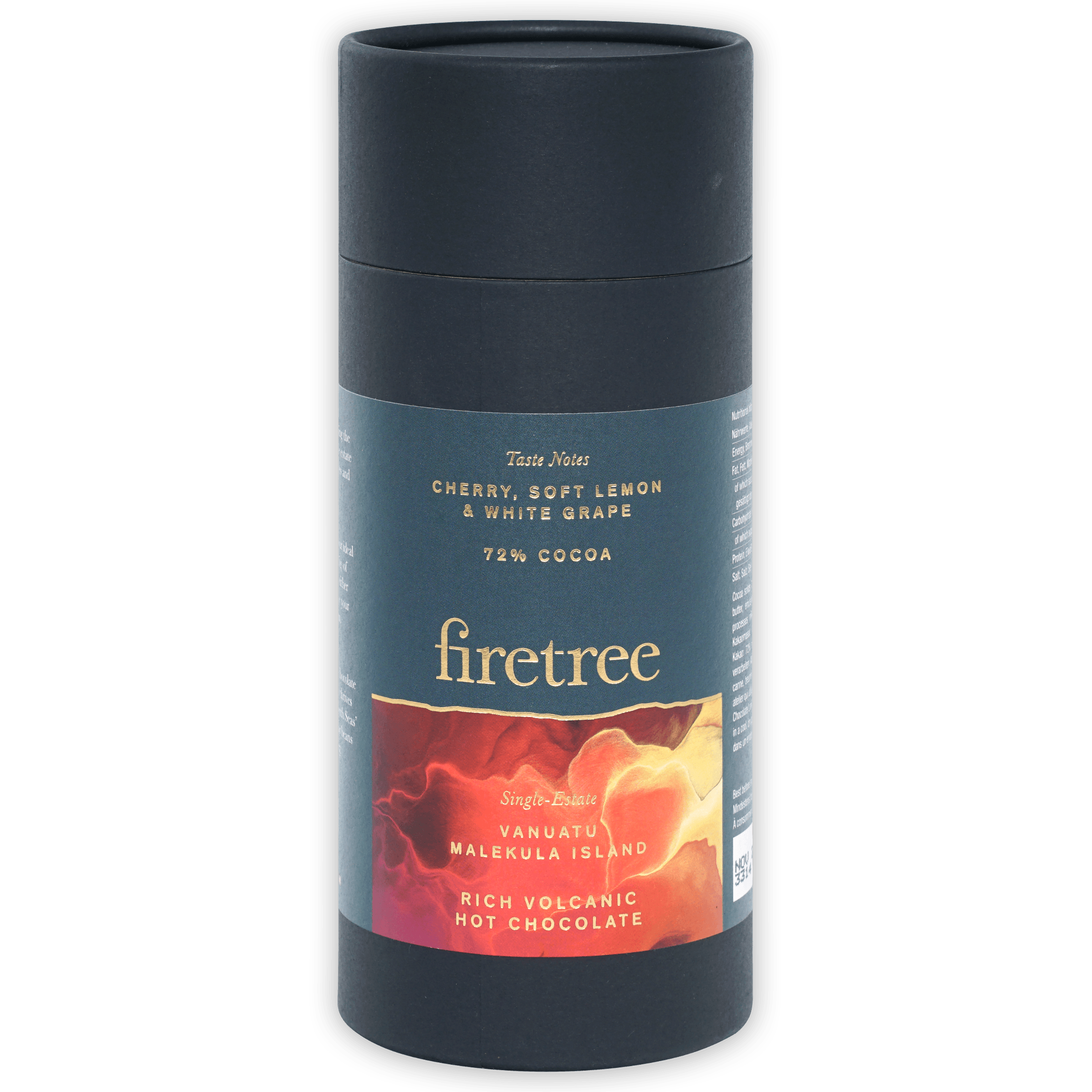 Firetree Vanuatu Malekula 72% dark gray hot chocolate cylinder with teal floral label