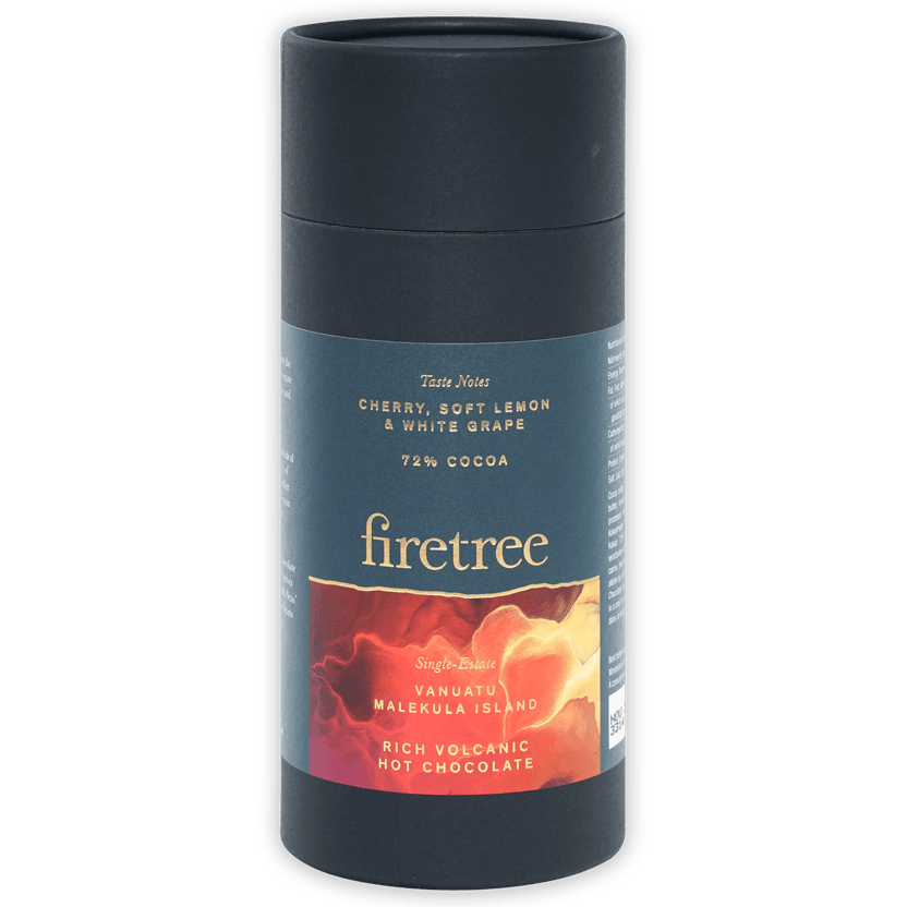 Firetree Vanuatu Malekula 72% dark gray hot chocolate cylinder with teal floral label