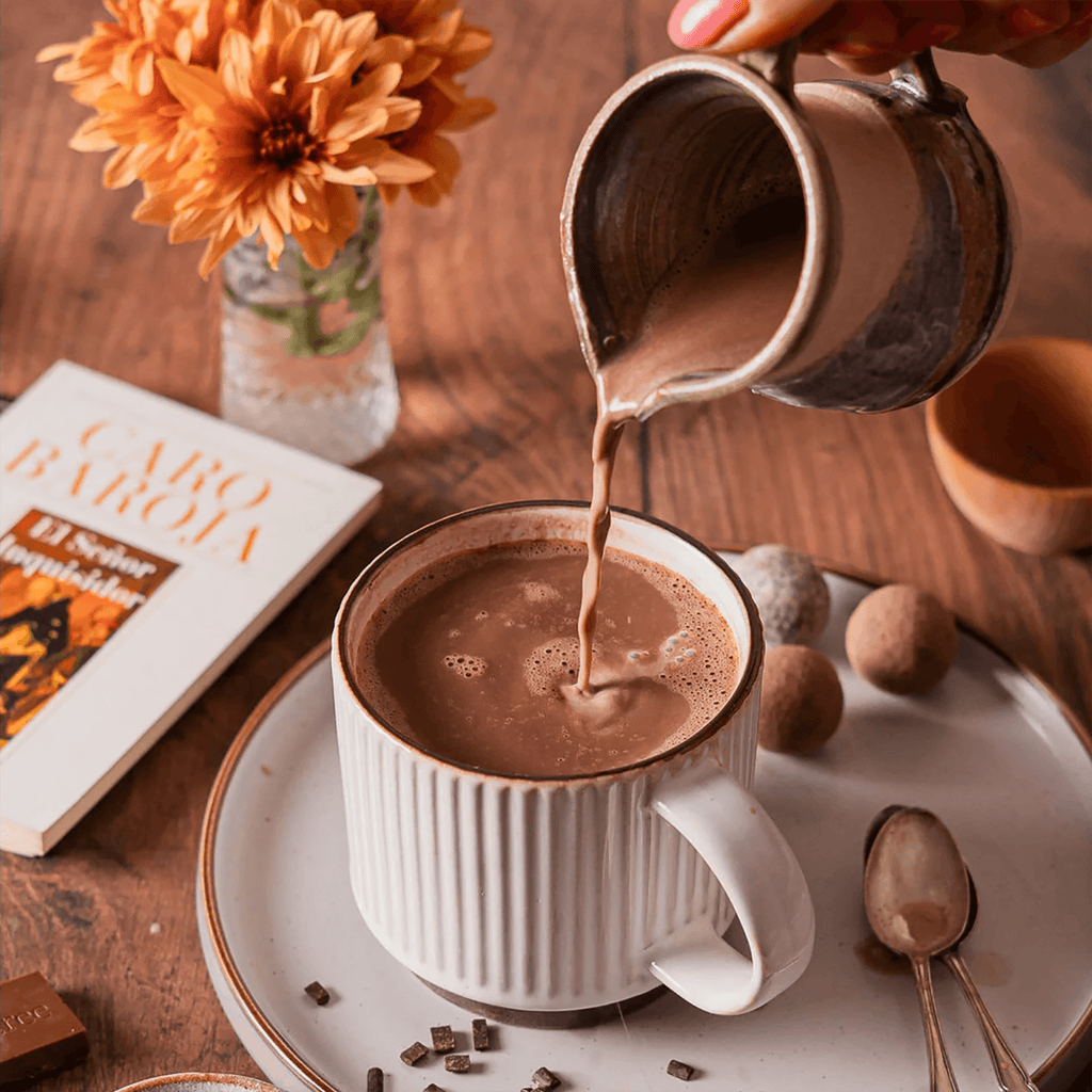 Firetree Vanuatu Malekula 72% chocolate poured from pitcher into white ribbed mug