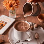 Firetree Vanuatu Malekula 72% chocolate poured from pitcher into white ribbed mug
