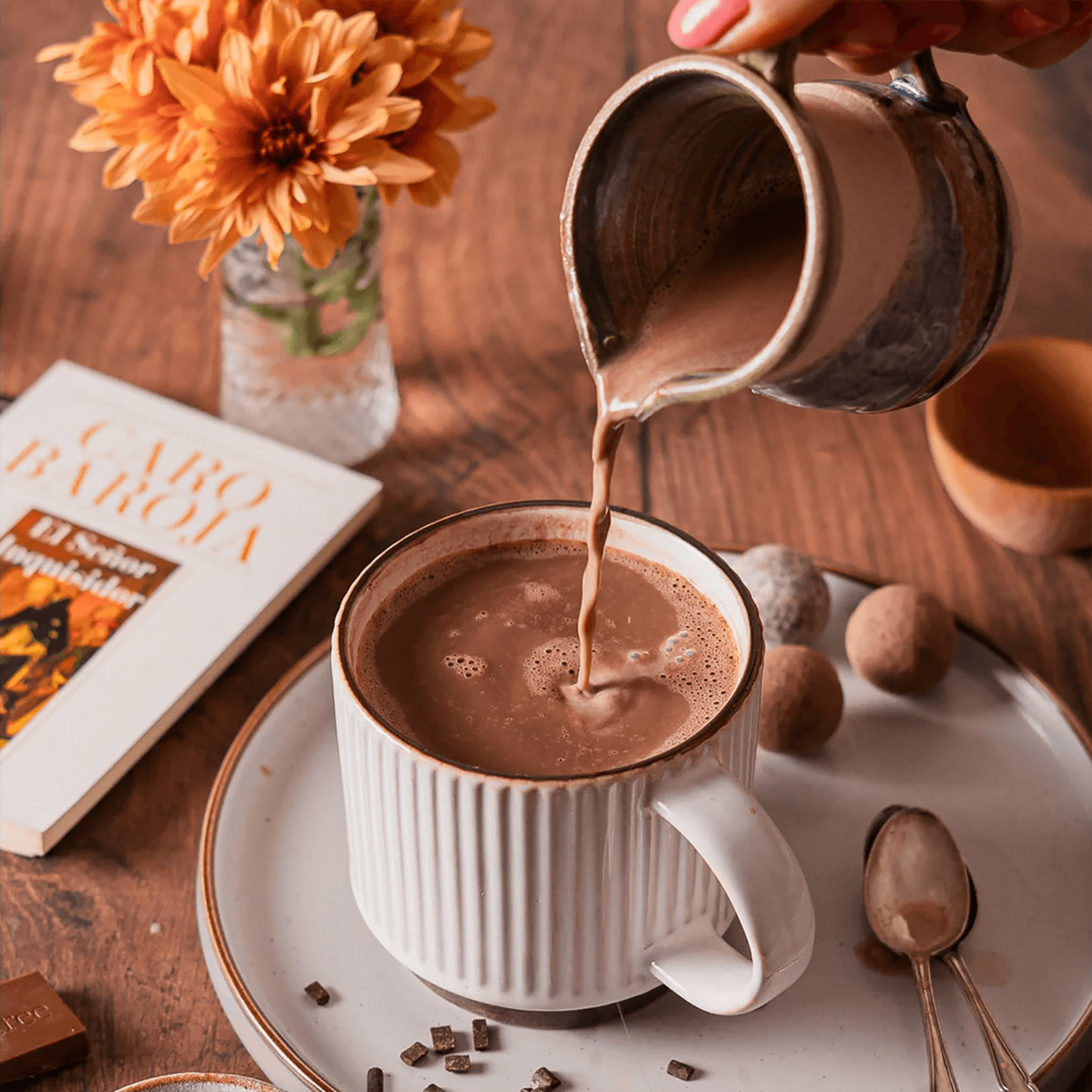 Firetree Vanuatu Malekula 72% chocolate poured from pitcher into white ribbed mug