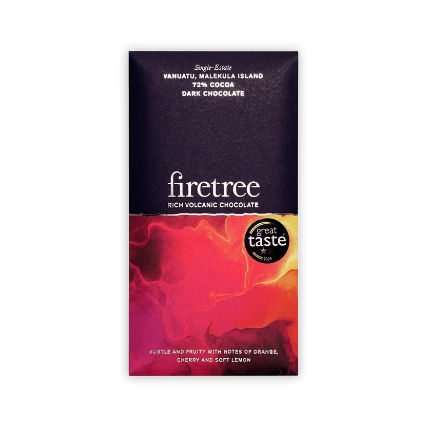 Firetree bar, dark purple box with red and orange marbled panel, Vanuatu Malekula Island 72% Cocoa, Great Taste seal