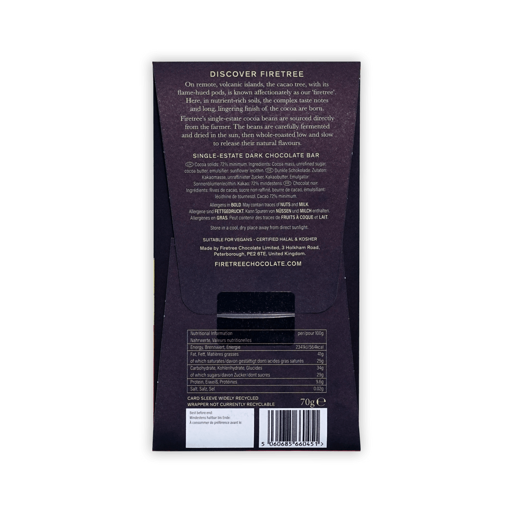 Back of Firetree dark purple box, Discover Firetree text, ingredients in several languages, nutrition table and barcode, 70g