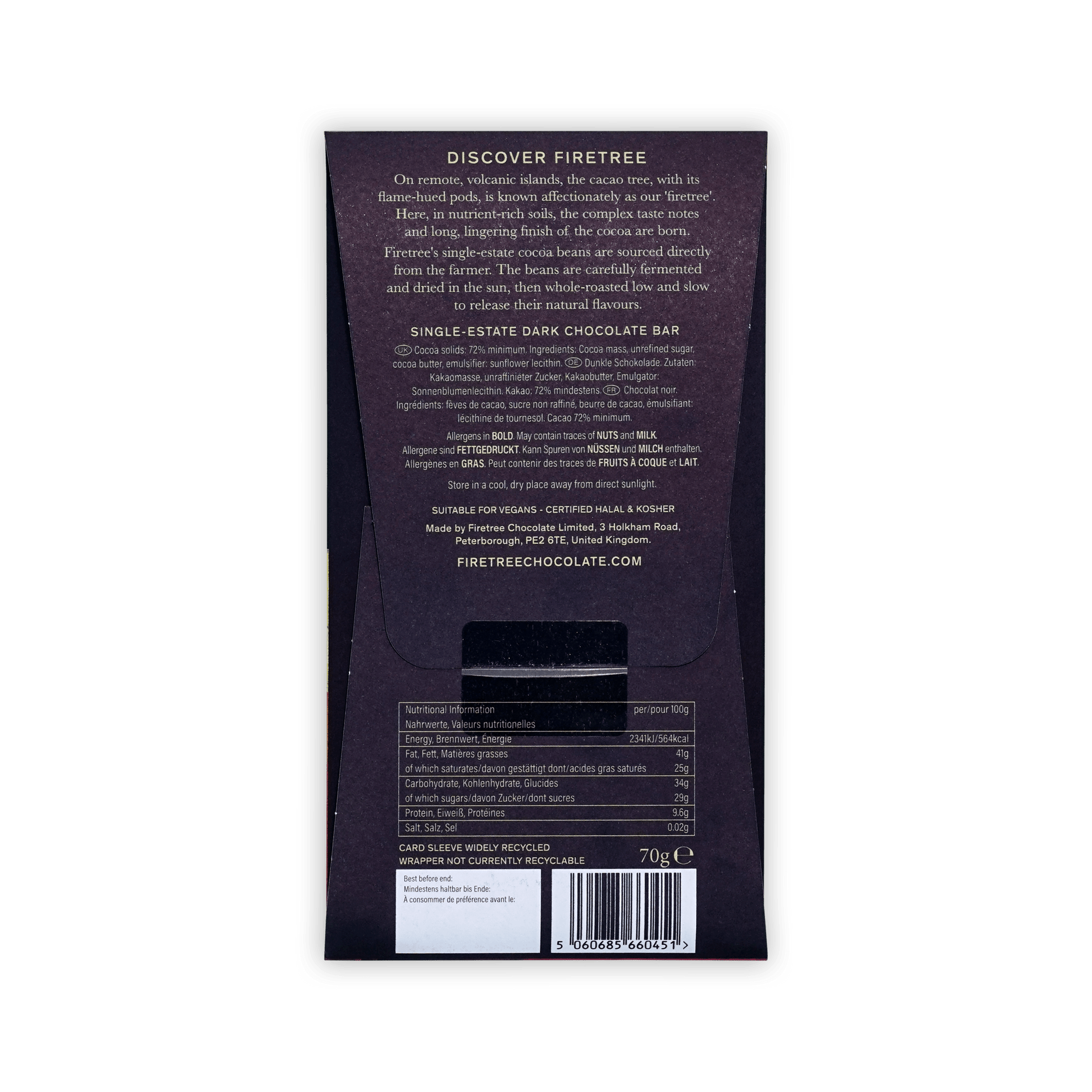Back of Firetree dark purple box, Discover Firetree text, ingredients in several languages, nutrition table and barcode, 70g