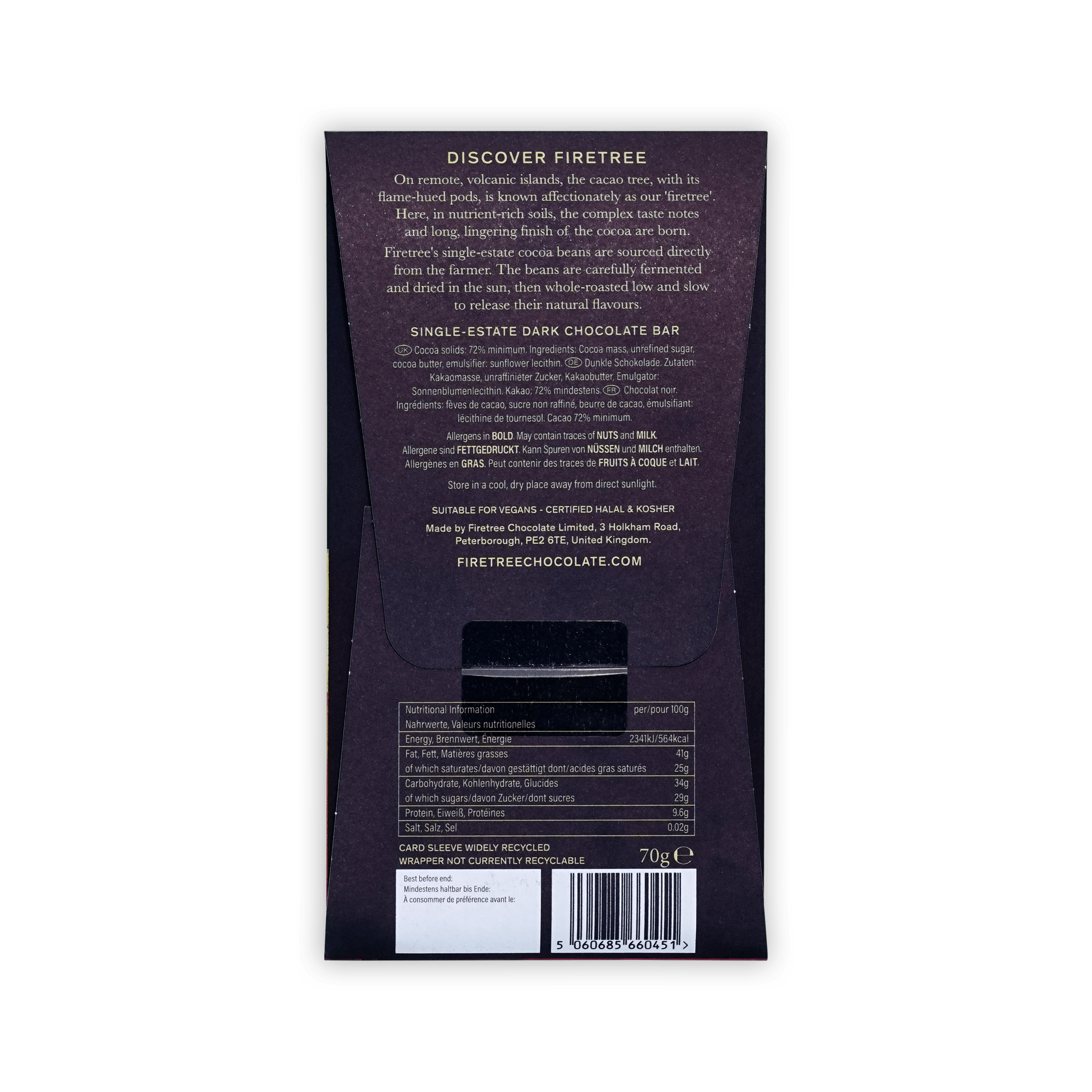 Back of Firetree dark purple box, Discover Firetree text, ingredients in several languages, nutrition table and barcode, 70g