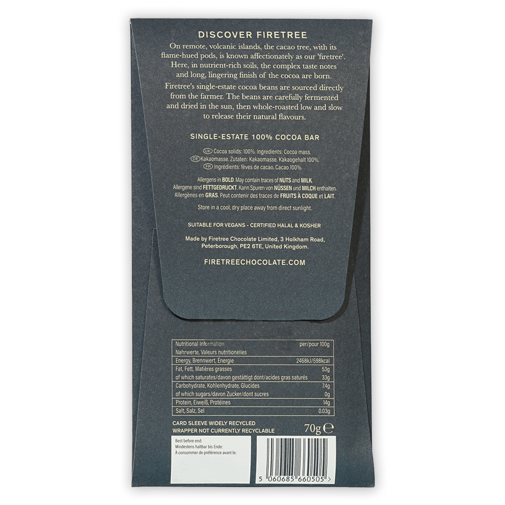 Dark gray sleeve packaging for Firetree Vanuatu Malekula 100% cocoa bar