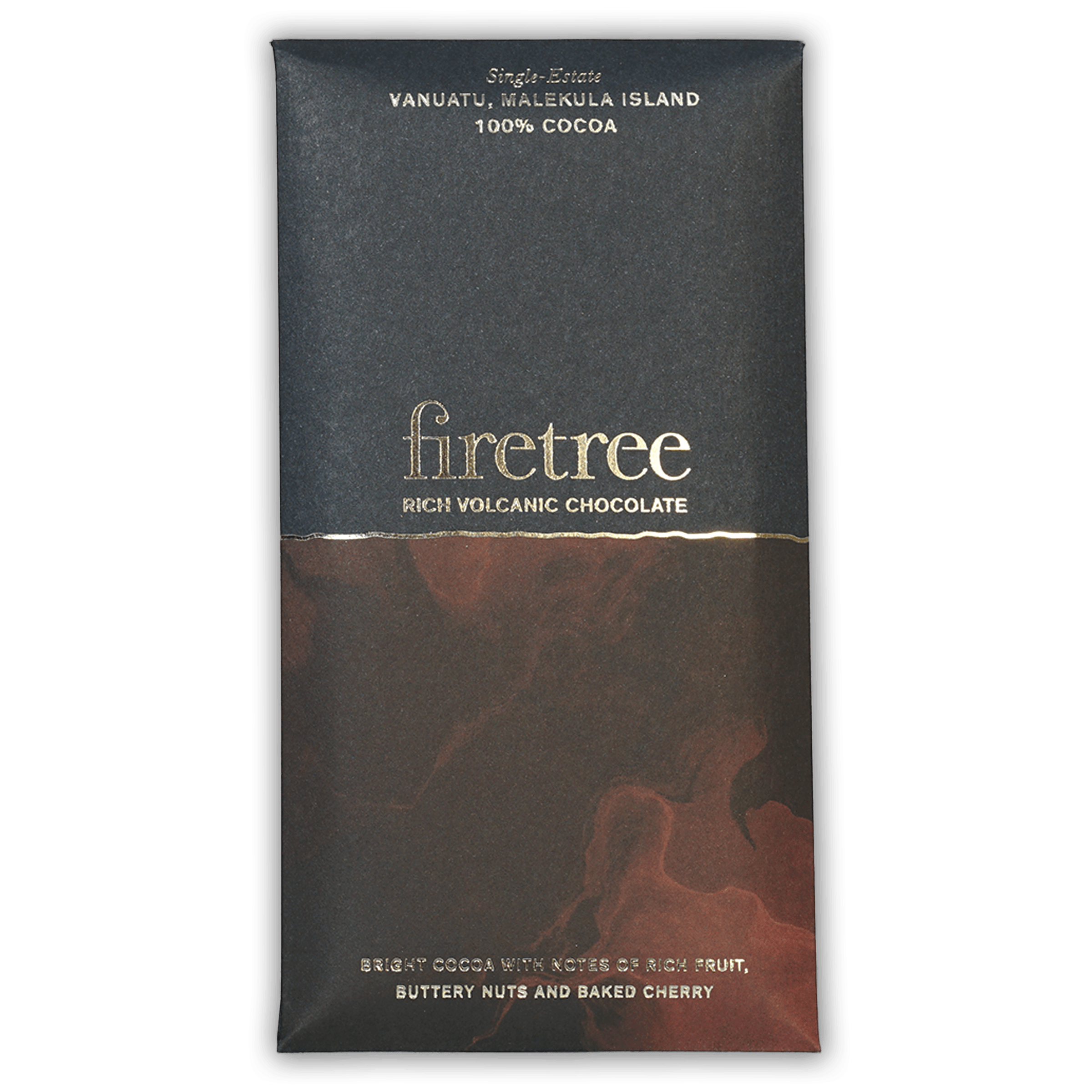 Sleek black and red marbled wrapper for Firetree Vanuatu Malekula Island 100% cocoa bar