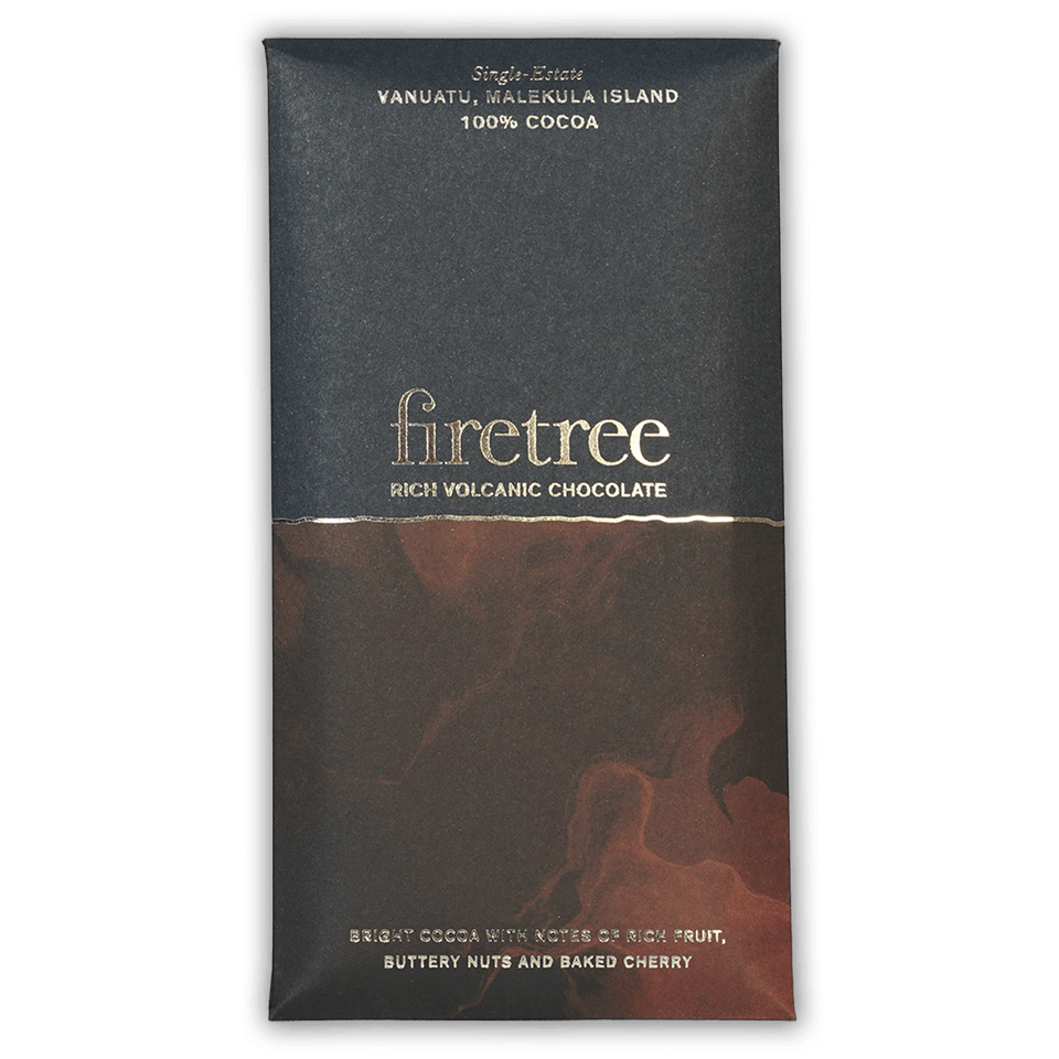 Sleek black and red marbled wrapper for Firetree Vanuatu Malekula Island 100% cocoa bar
