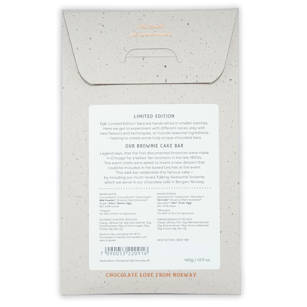 Fjåk Dark Awesome Brownie 60% Cake Series speckled wrapper with barcode