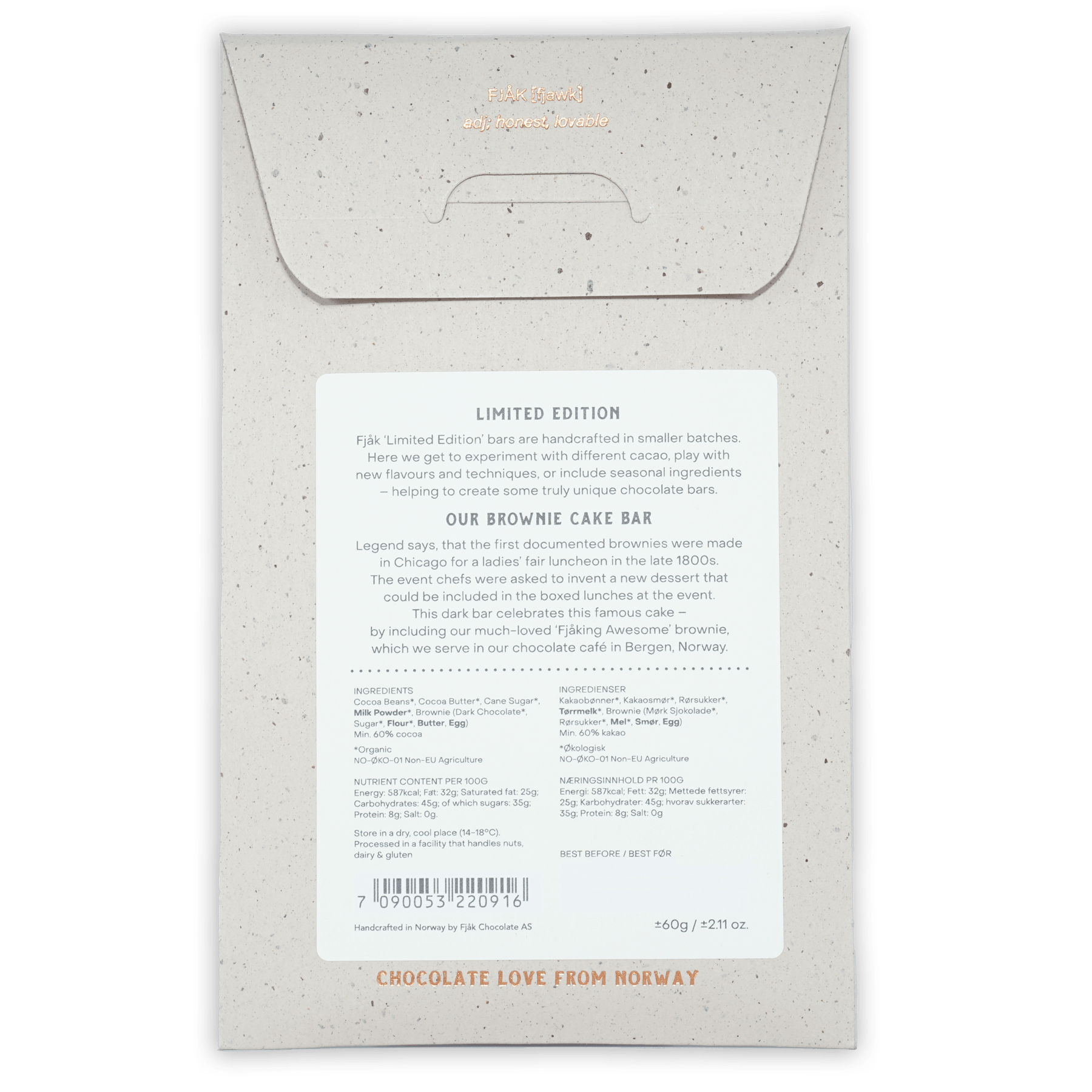 Fjåk Dark Awesome Brownie 60% Cake Series speckled wrapper with barcode