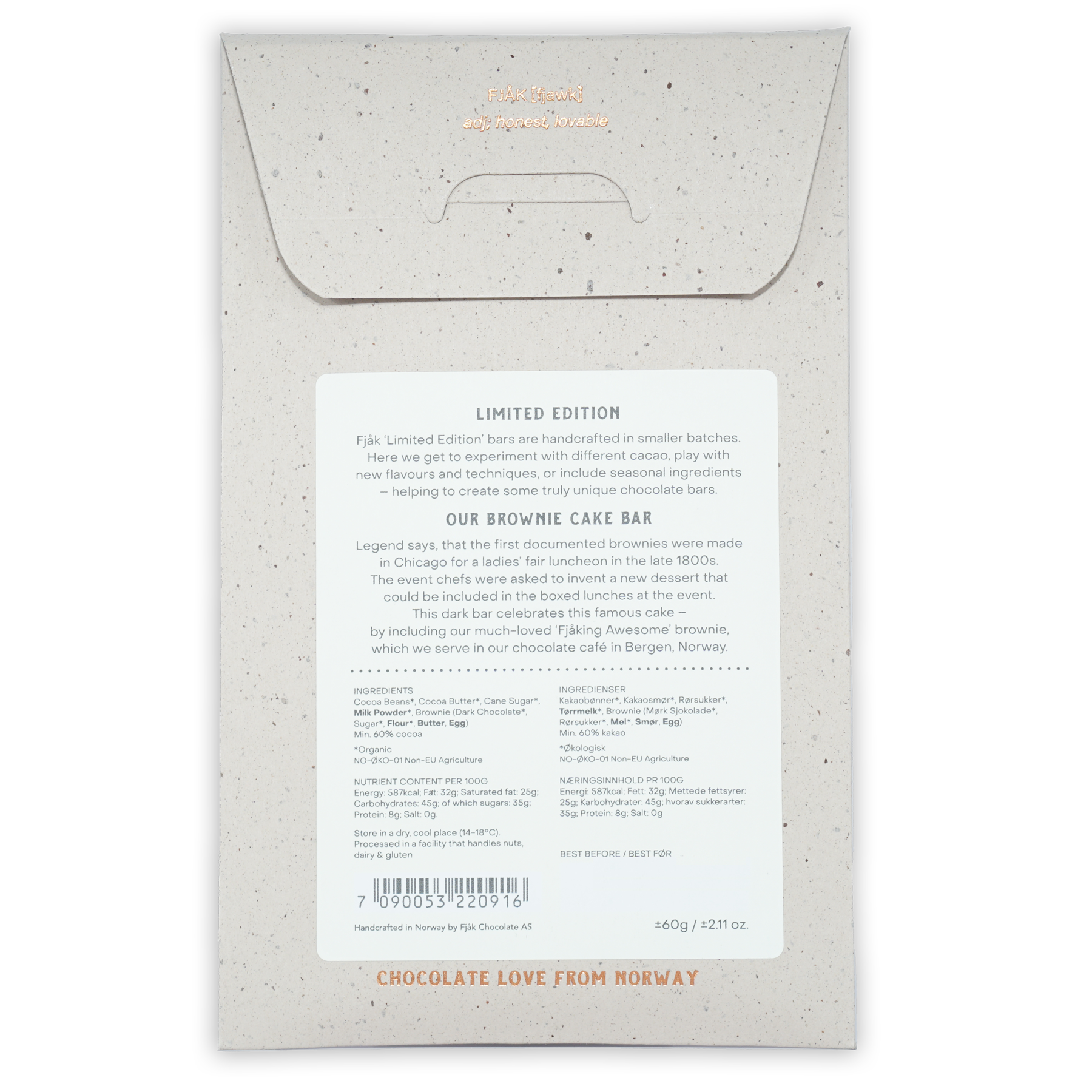 Fjåk Dark Awesome Brownie 60% Cake Series speckled wrapper with barcode