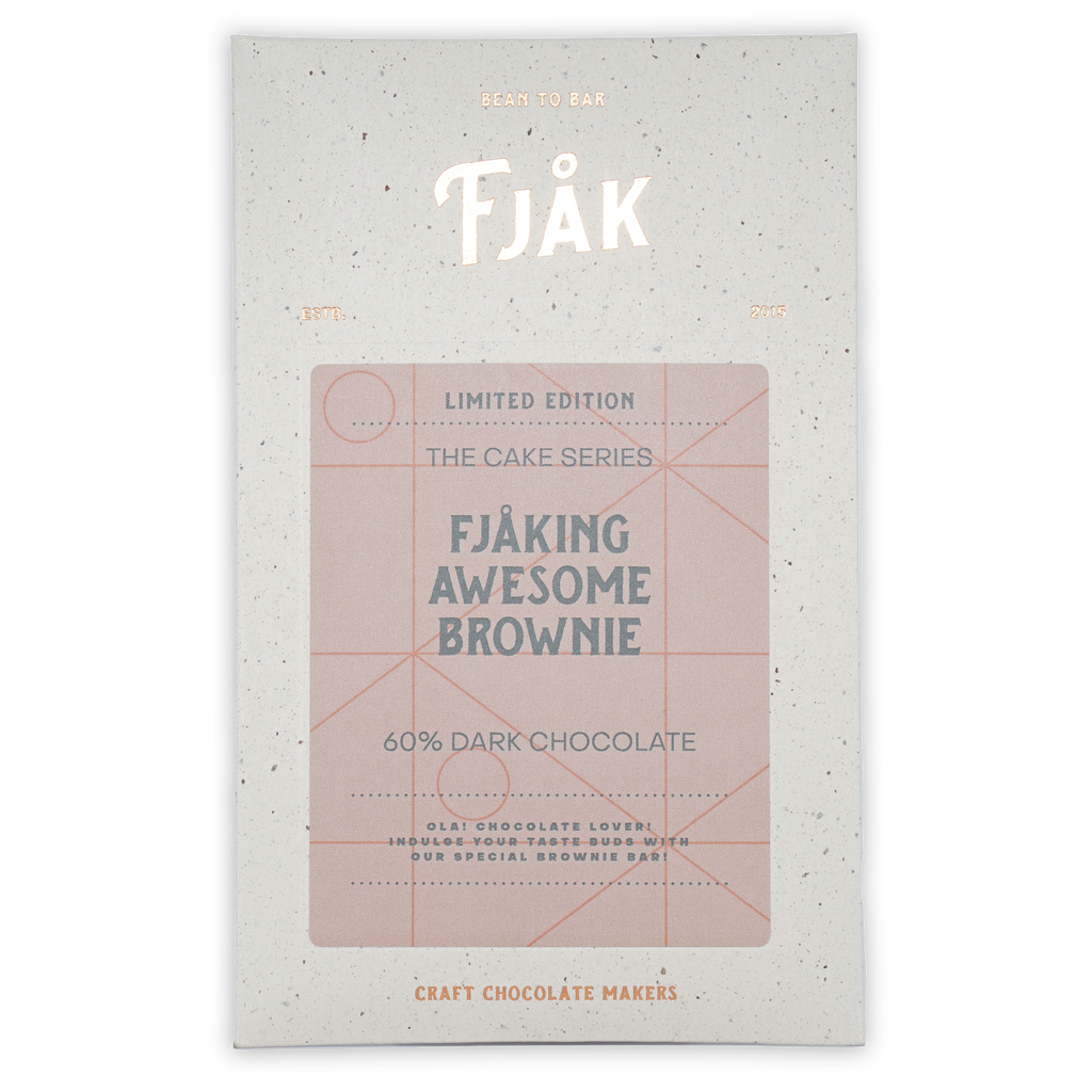 Fjåk Dark Awesome Brownie 60% Cake Series chocolate bar in speckled wrapper