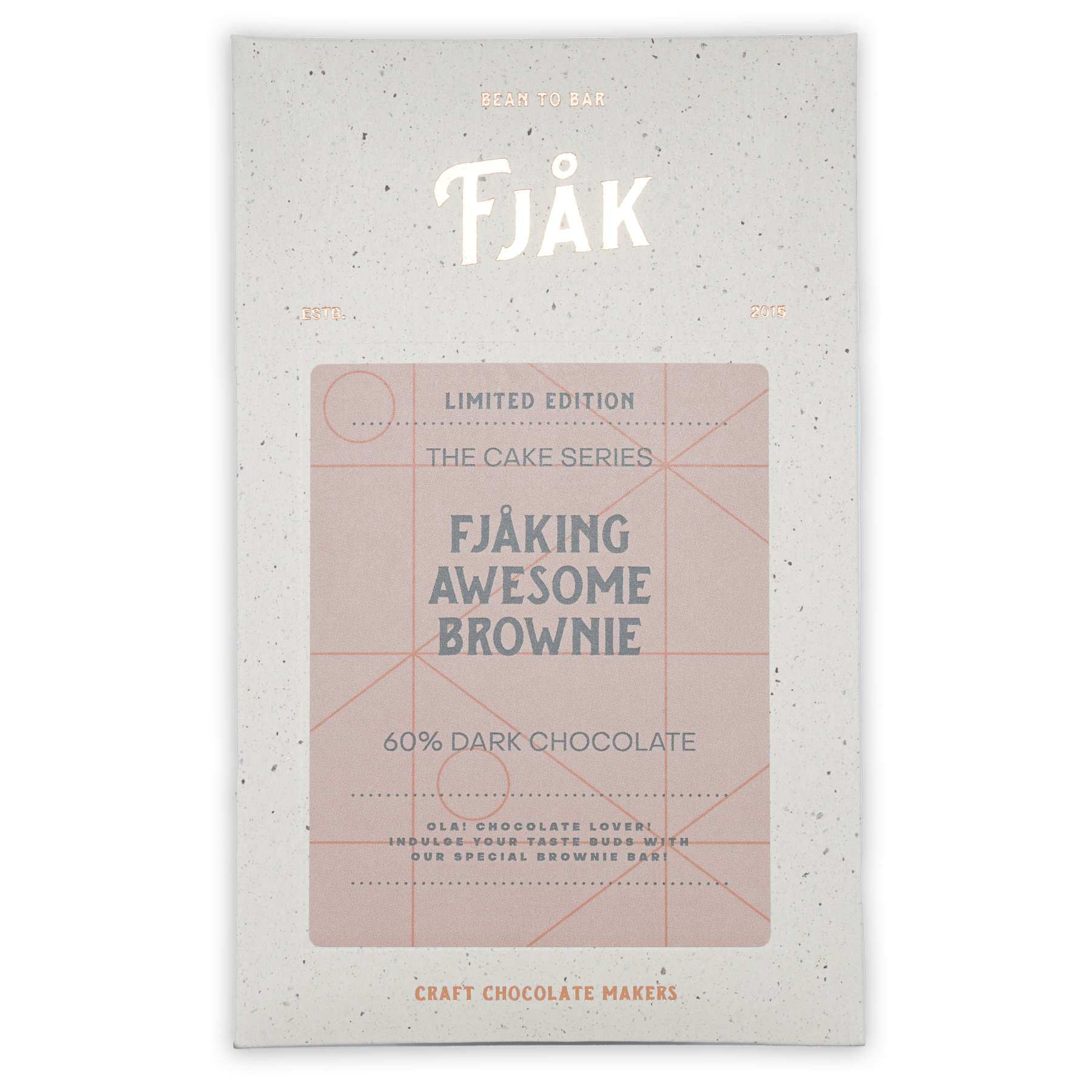 Fjåk Dark Awesome Brownie 60% Cake Series chocolate bar in speckled wrapper