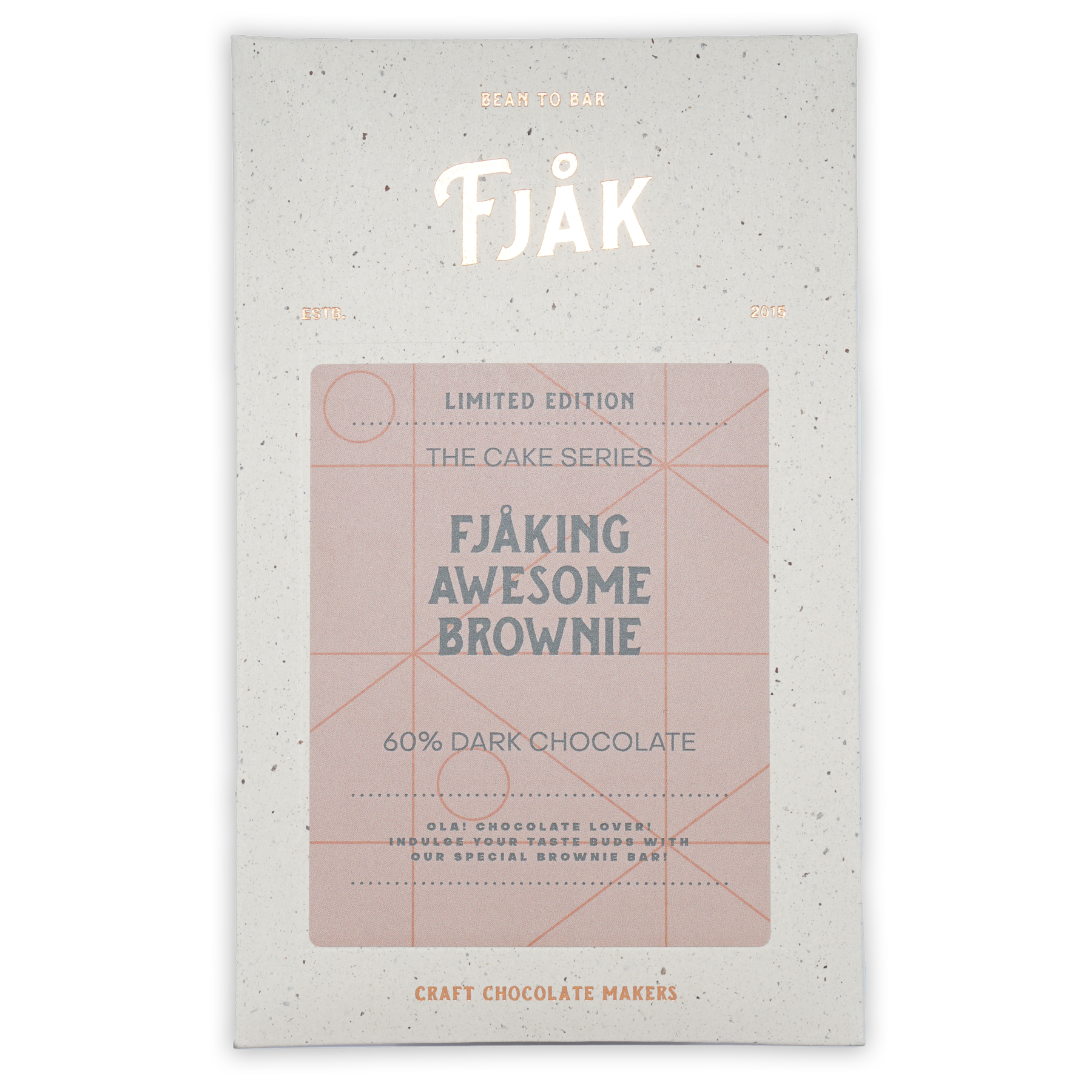 Fjåk Dark Awesome Brownie 60% Cake Series chocolate bar in speckled wrapper