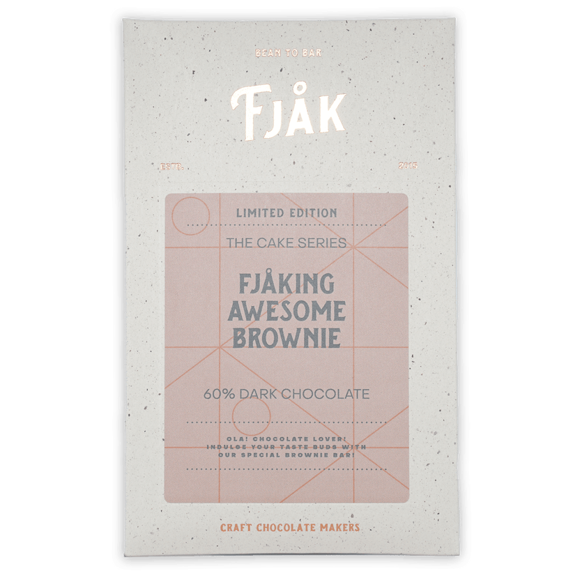 Fjåk Dark Awesome Brownie 60% Cake Series chocolate bar in speckled wrapper