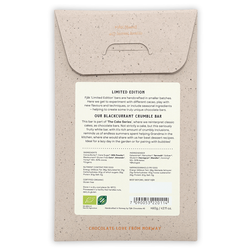 Fjåk Blackcurrant Crumble white chocolate bar in beige speckled paper packaging