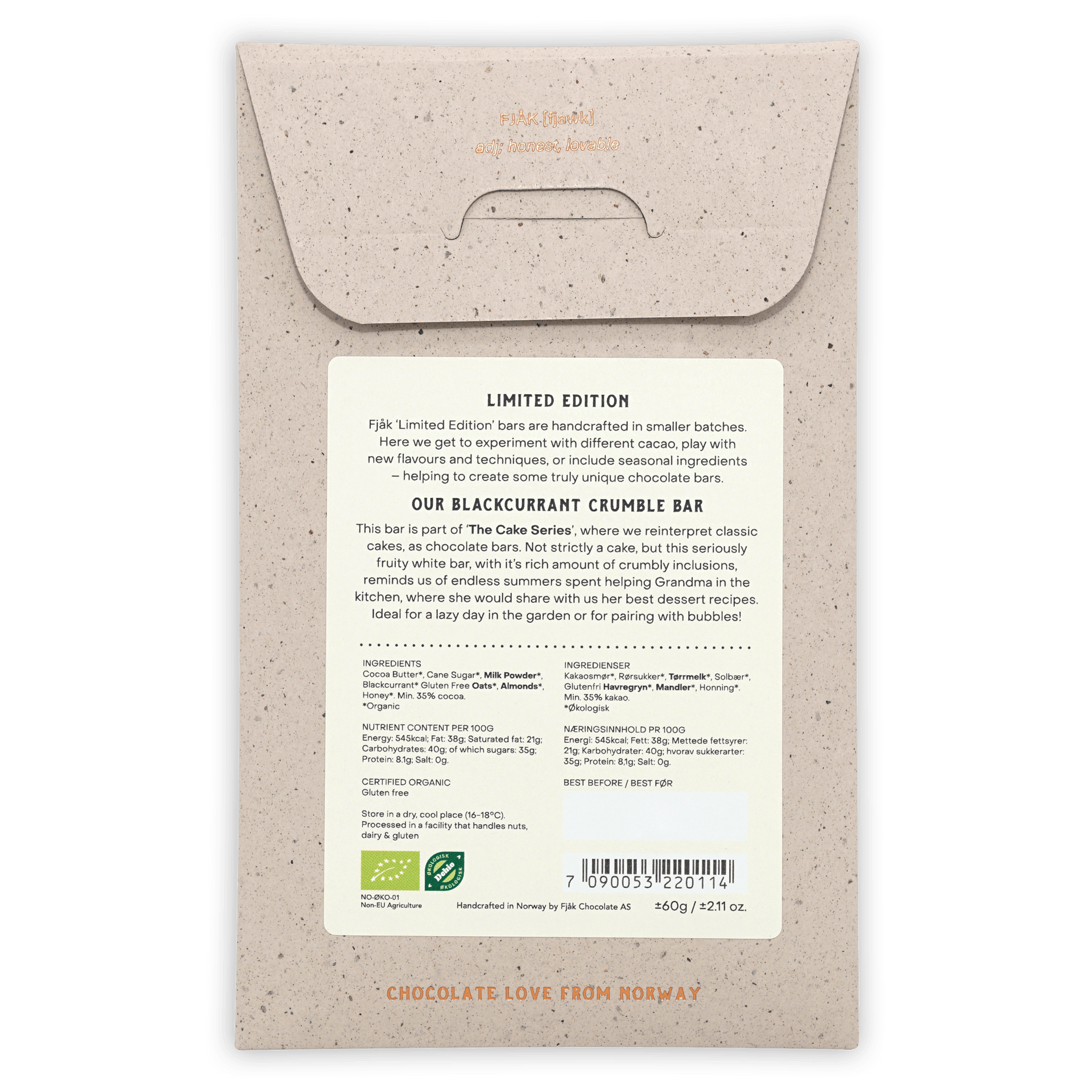 Fjåk Blackcurrant Crumble white chocolate bar in beige speckled paper packaging