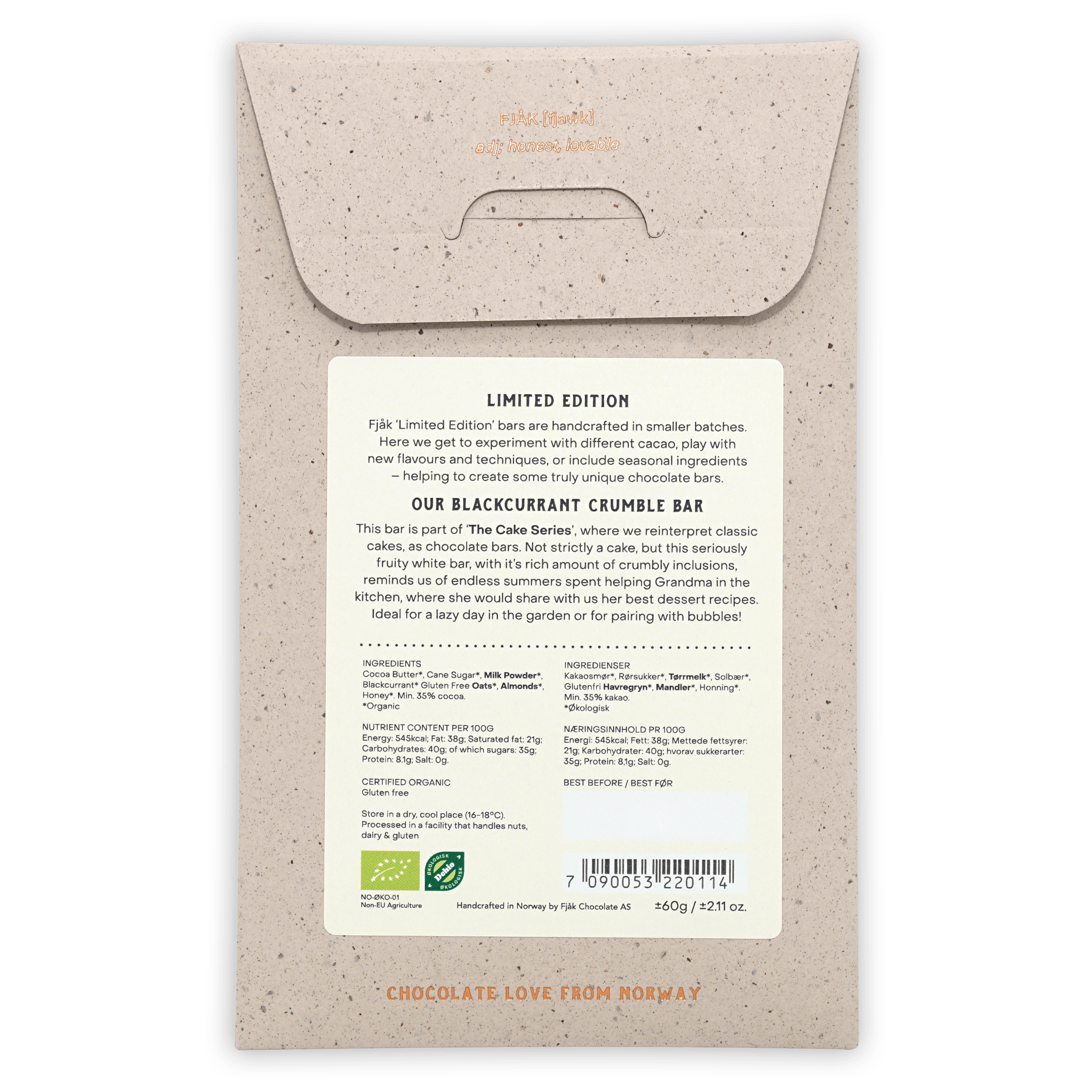 Fjåk Blackcurrant Crumble white chocolate bar in beige speckled paper packaging