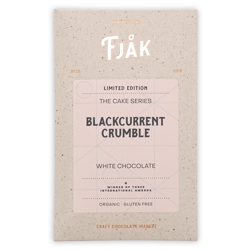 Fjåk Blackcurrant Crumble White Chocolate bar in speckled beige package