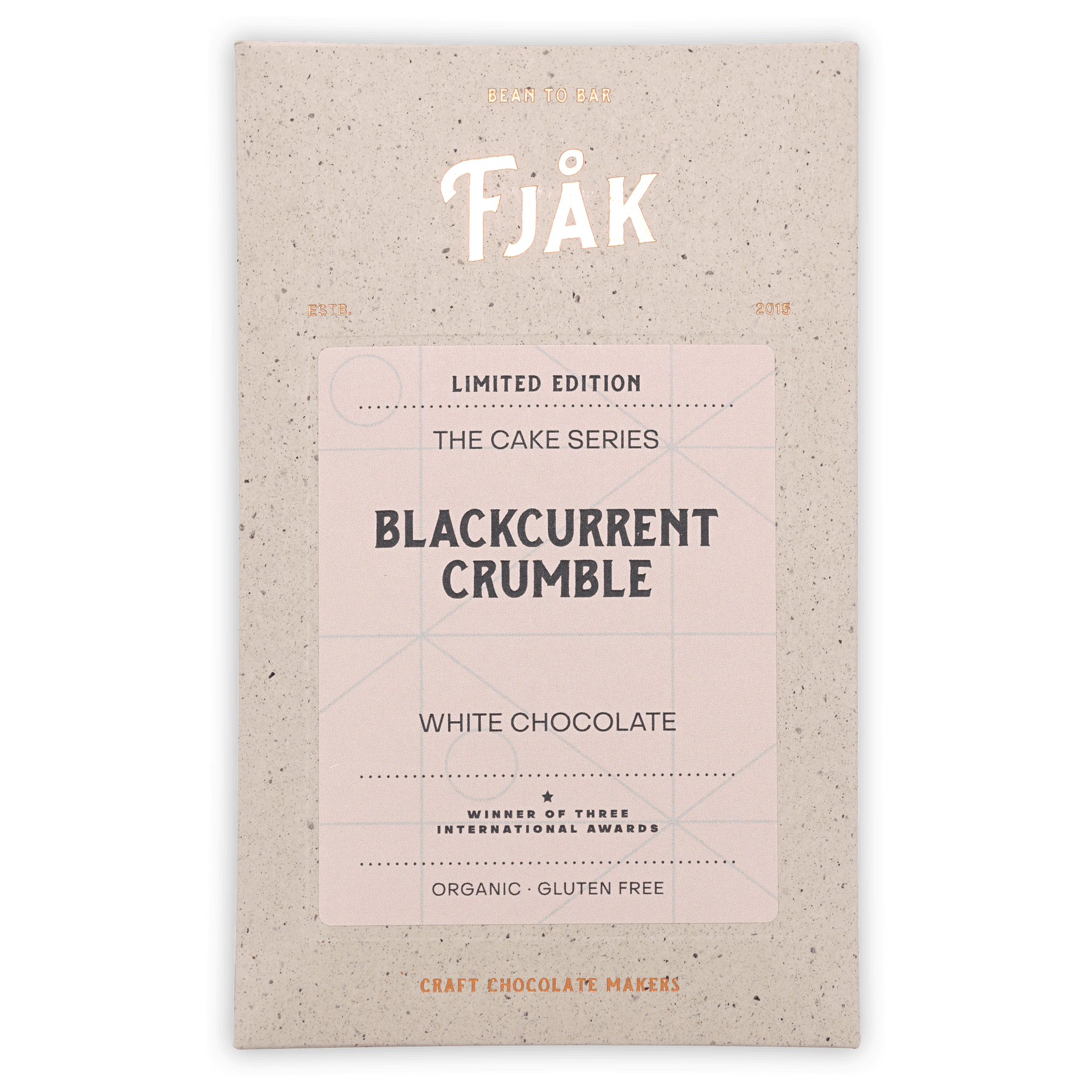 Fjåk Blackcurrant Crumble White Chocolate bar in speckled beige package