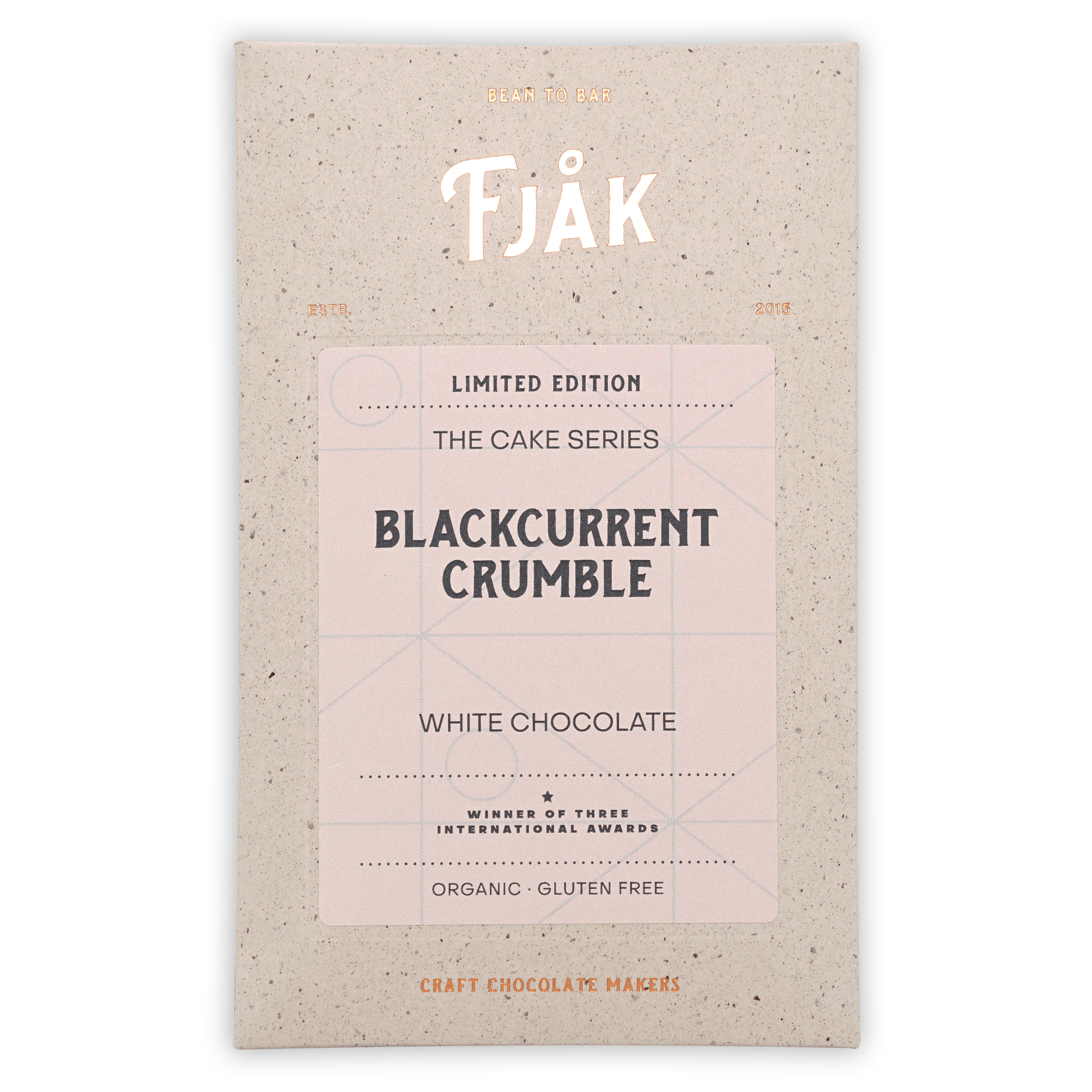 Fjåk Blackcurrant Crumble White Chocolate bar in speckled beige package