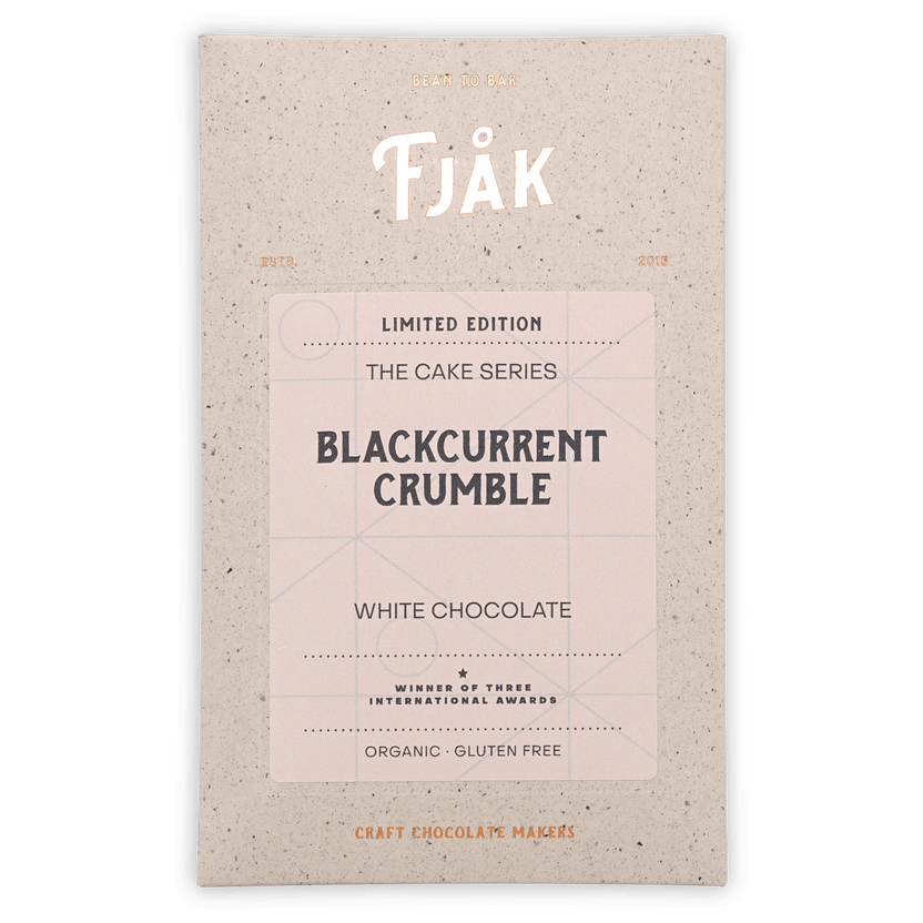 Fjåk Blackcurrant Crumble White Chocolate bar in speckled beige package