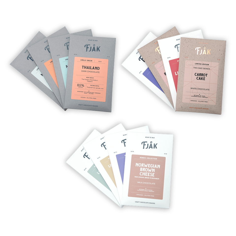 Fjåk Chocolate Bundles (4 Bars) in assorted flavors and minimalist wrappers