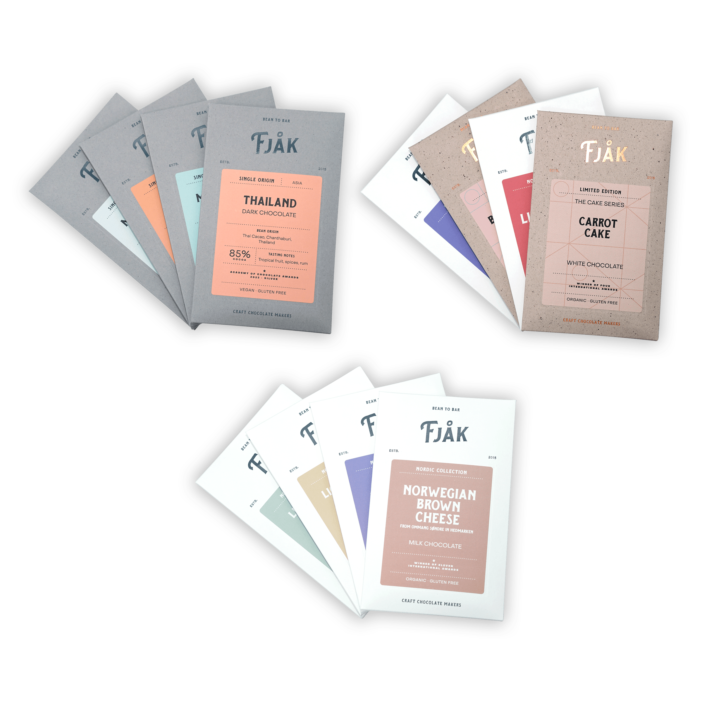 Fjåk Chocolate Bundles (4 Bars) in assorted flavors and minimalist wrappers