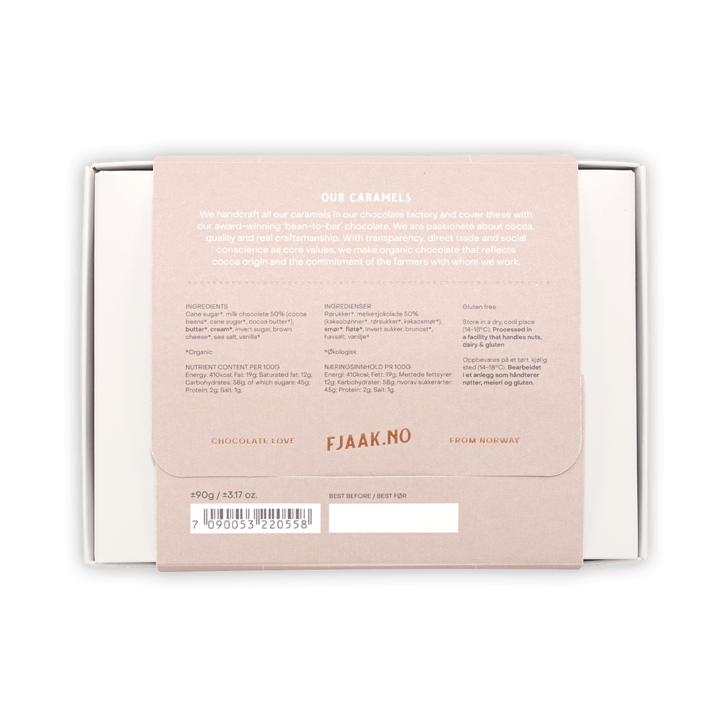 Back of Fjåk Chocolate Coated Brown Cheese Caramels blush pink box with nutrition facts