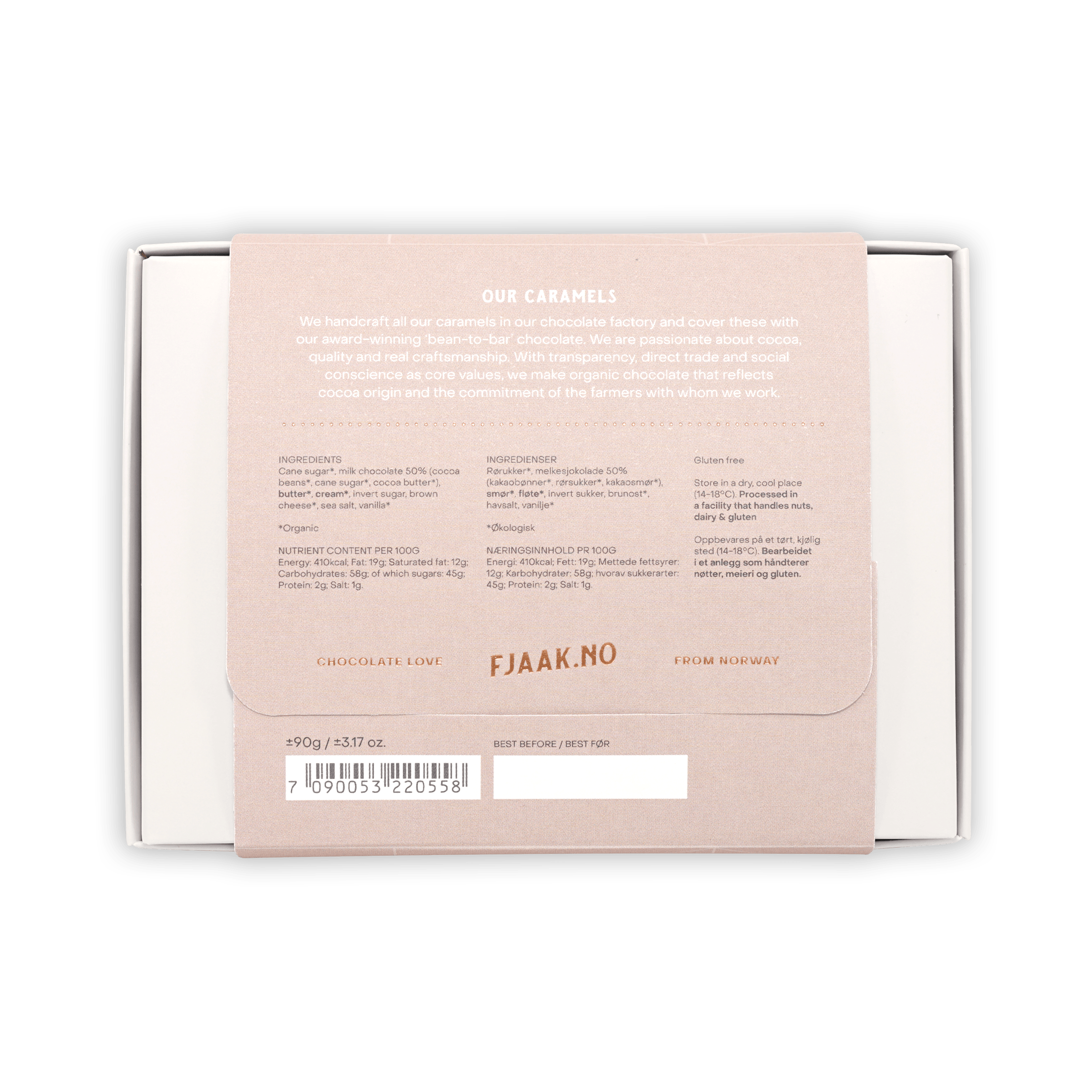 Back of Fjåk Chocolate Coated Brown Cheese Caramels blush pink box with nutrition facts