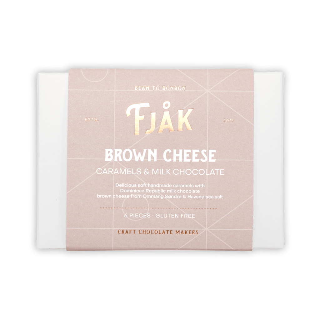 Fjåk brown cheese caramels in milk chocolate gift box, 6 pcs