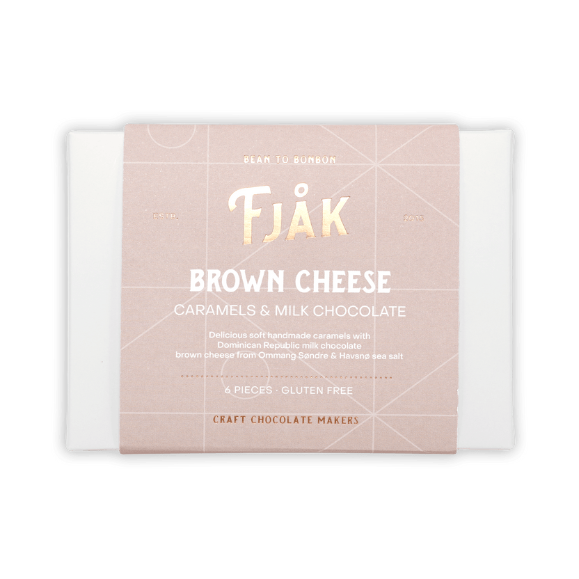 Fjåk brown cheese caramels in milk chocolate gift box, 6 pcs