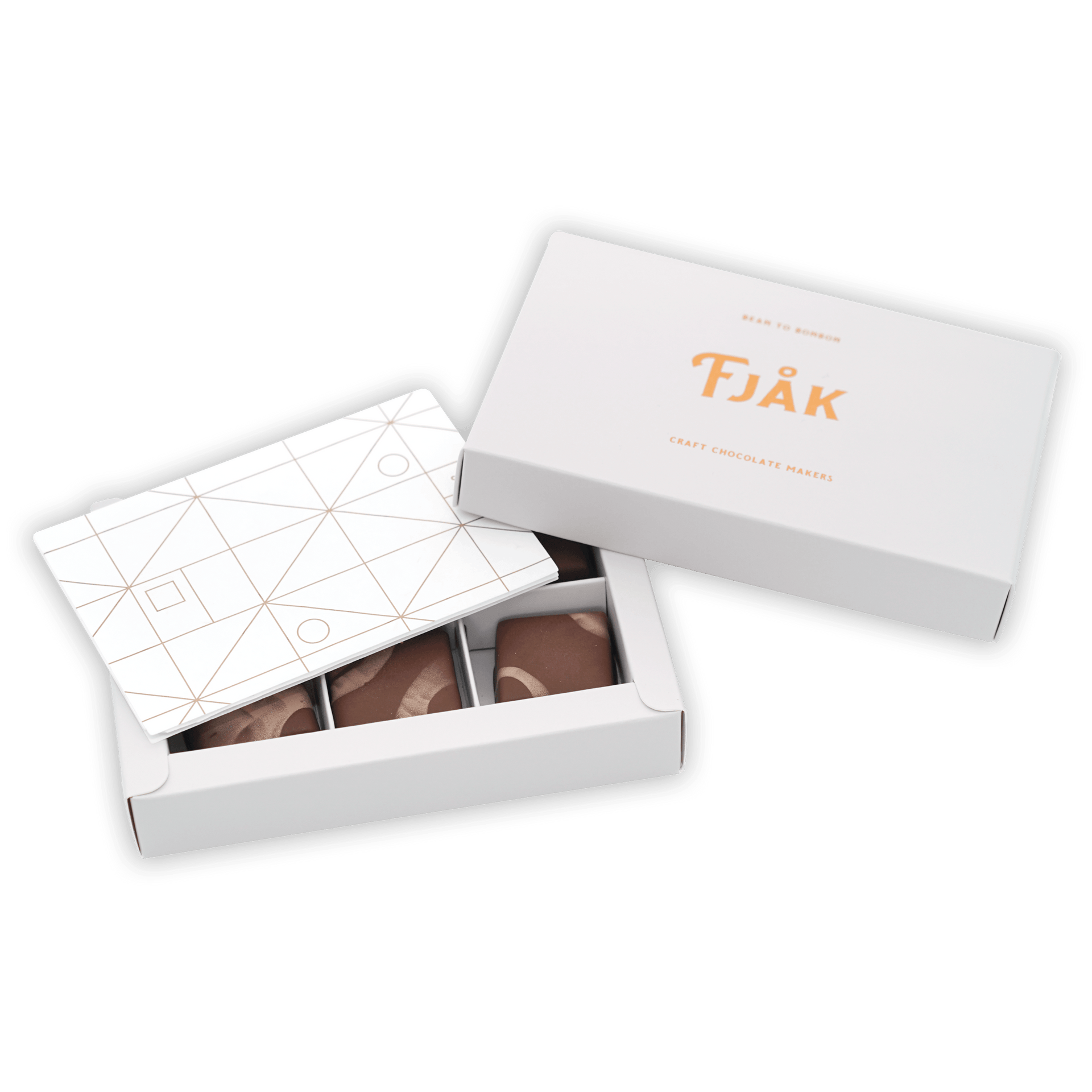 Fjåk white tjåk box with geometric lid, gold lettering, dark chocolates, 6 pc caramels