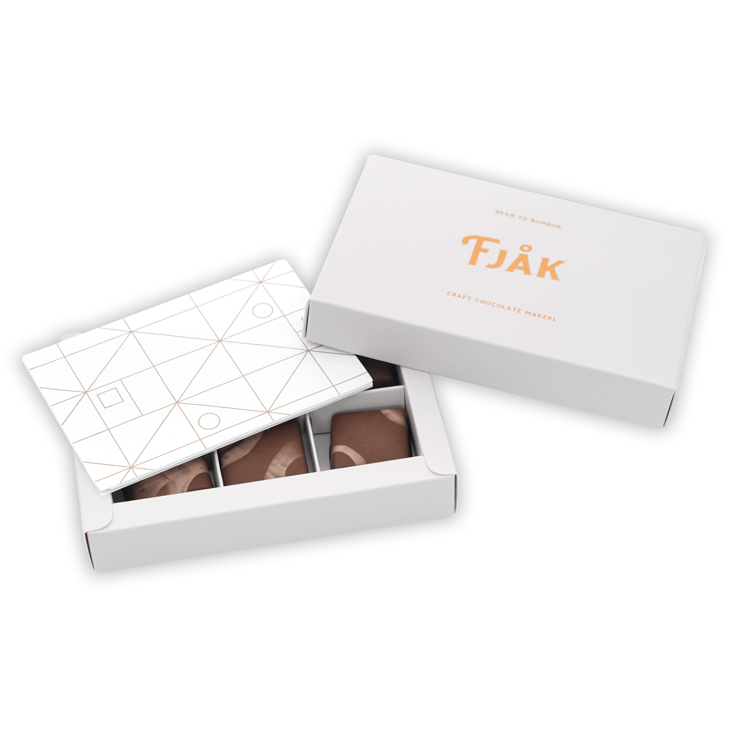 Fjåk white tjåk box with geometric lid, gold lettering, dark chocolates, 6 pc caramels