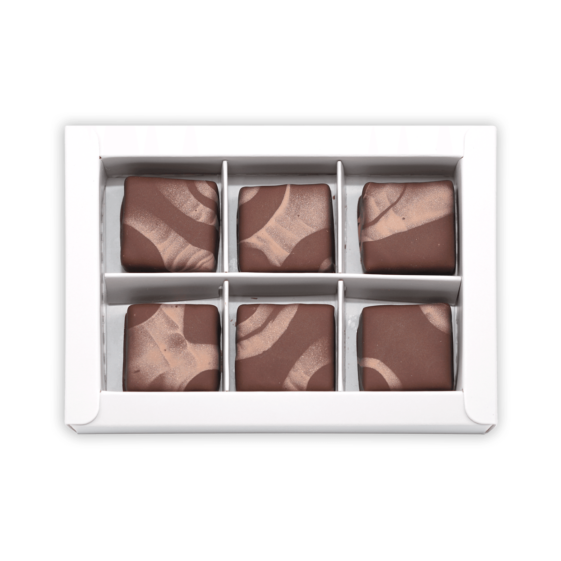 Fjåk chocolate coated brown cheese caramels: 6 marbled truffles in white box